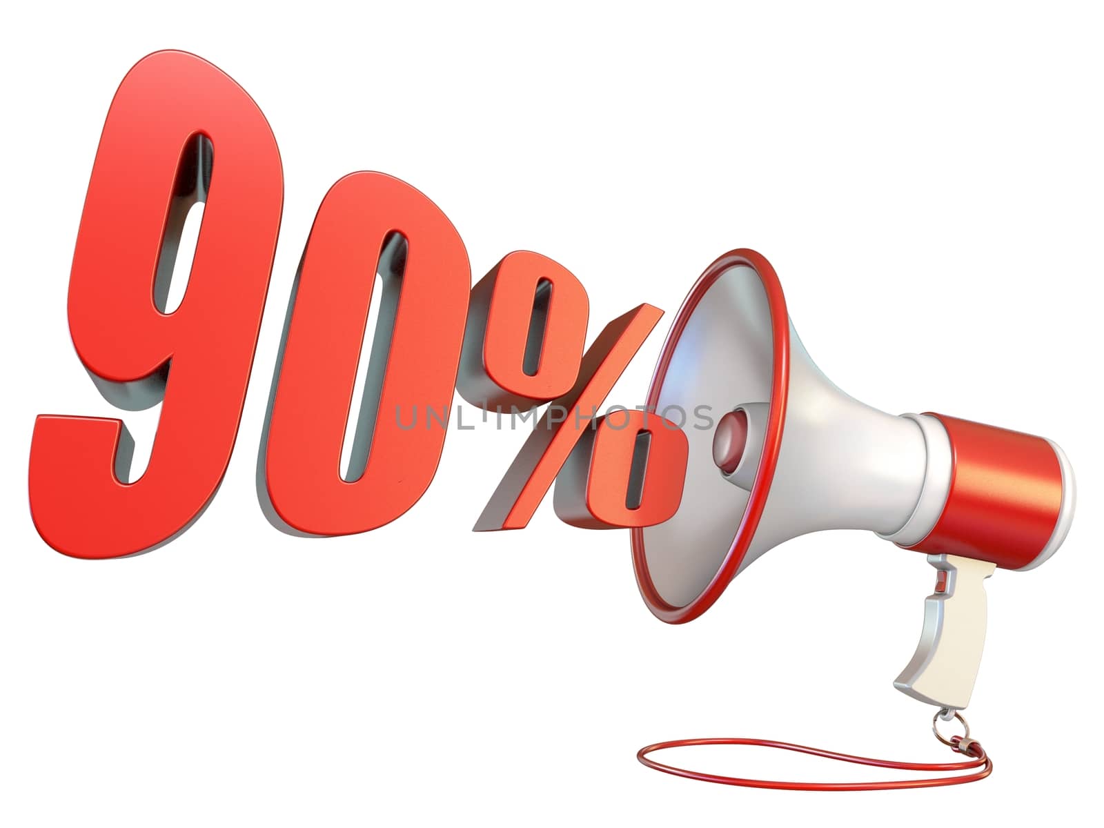 90 percent sign and megaphone 3D rendering illustration isolated on white background