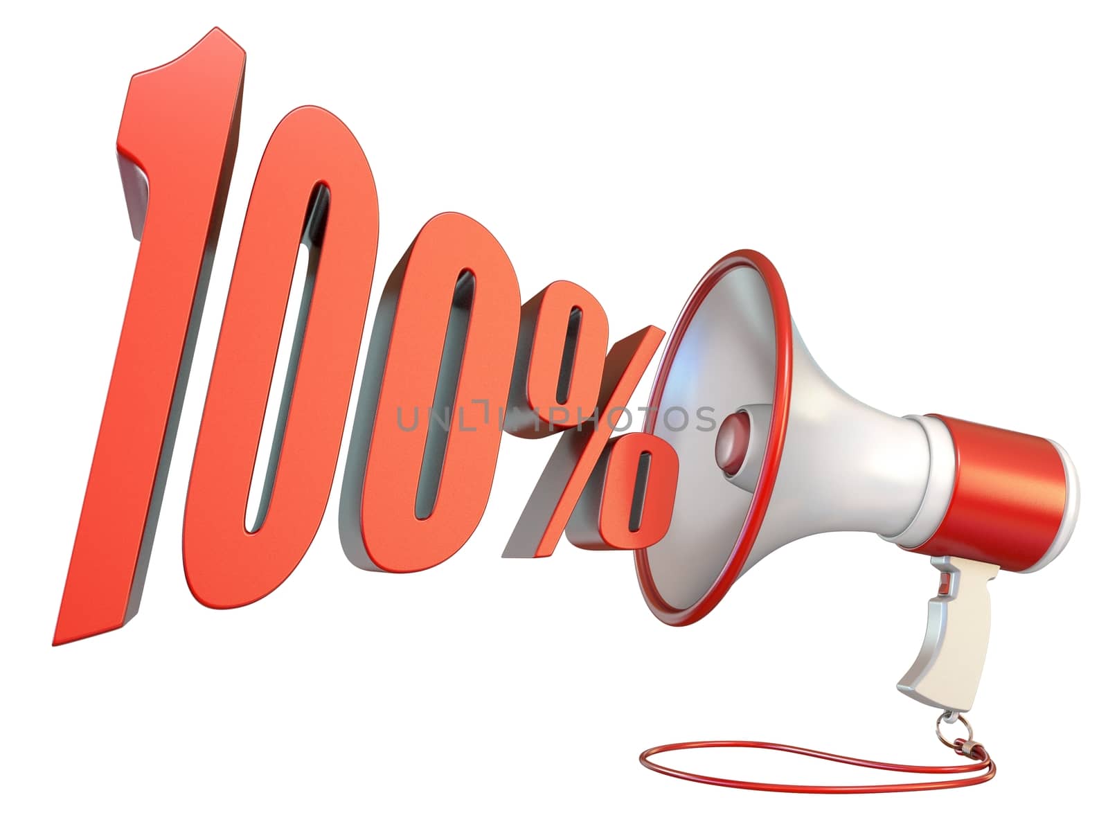 100 percent sign and megaphone 3D rendering illustration isolated on white background