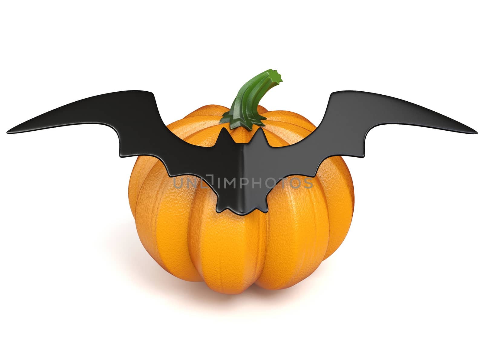 Pumpkin with black paper bat 3D rendering illustration isolated on white background
