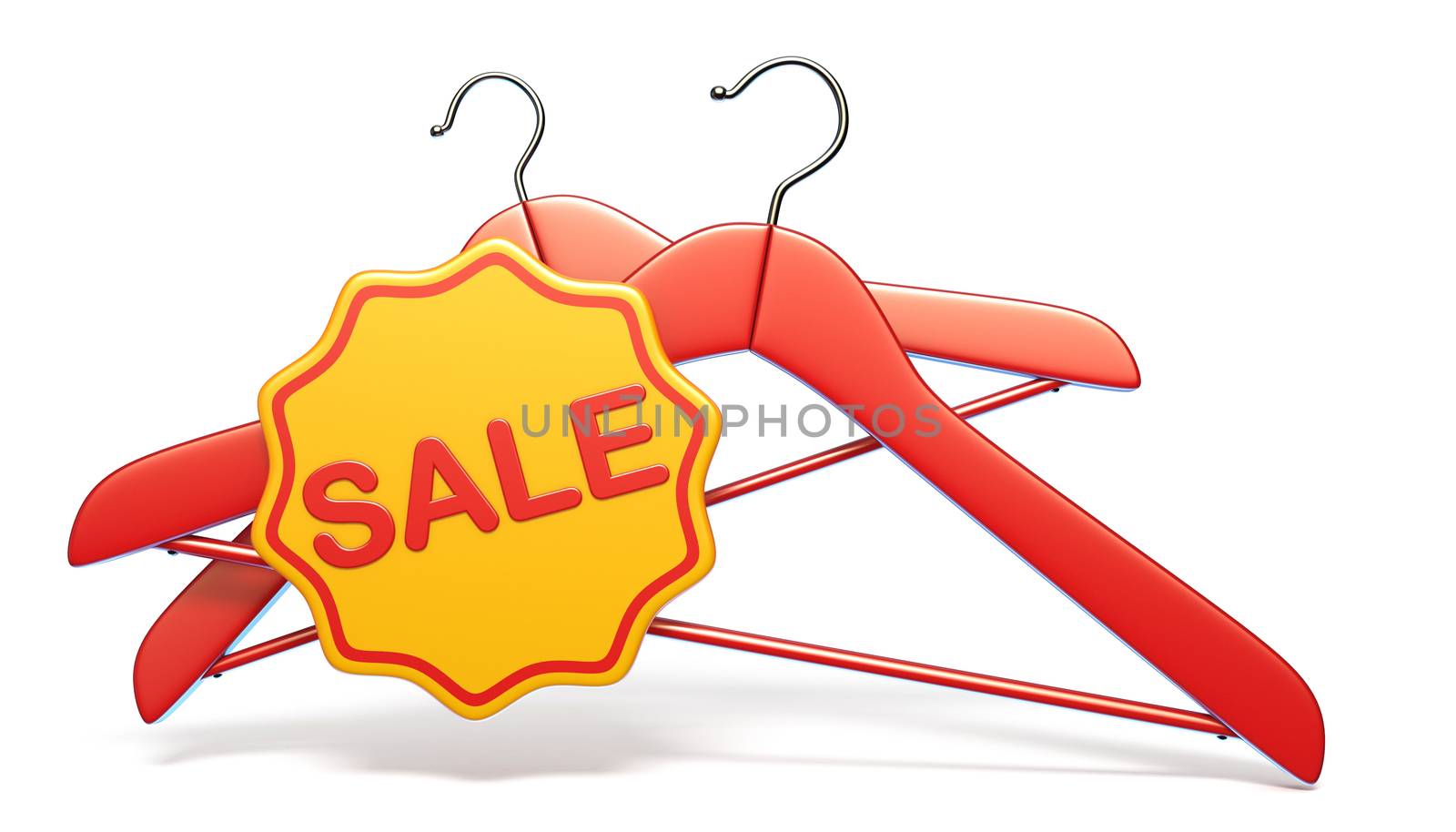 Red clothes hanger with SALE label 3D render illustration isolated on white background