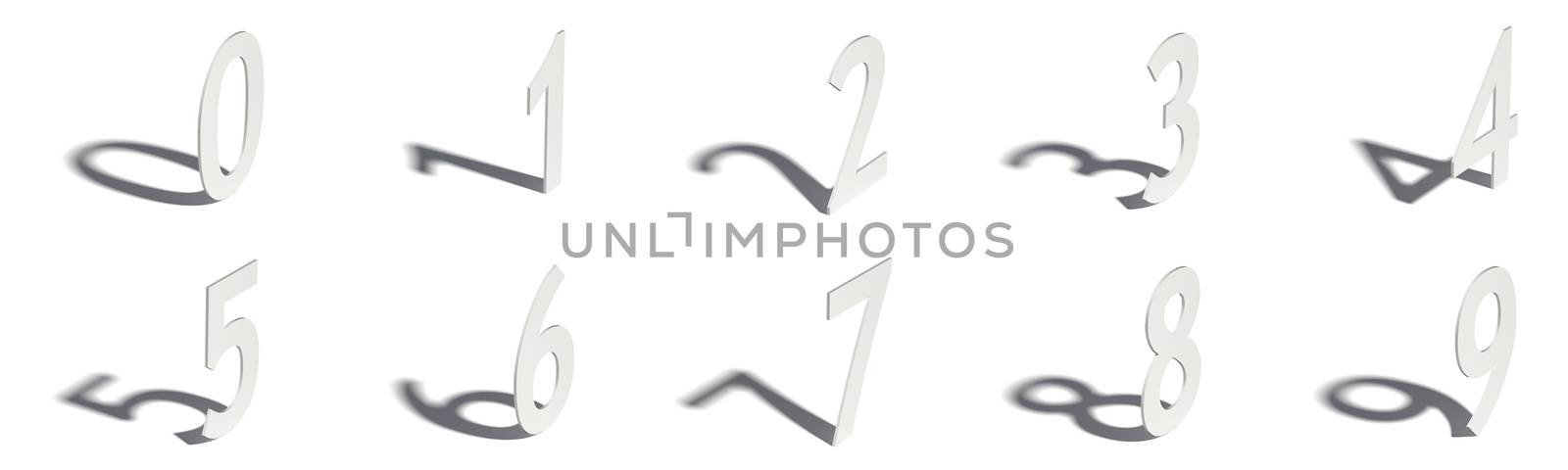 Drop shadow digit Numbers 0-9 3D render illustration isolated on white background