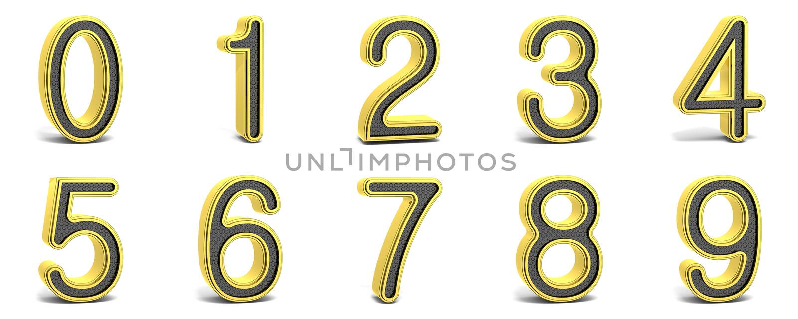 Golden and black round font numbers 3D render illustration isolated on white background