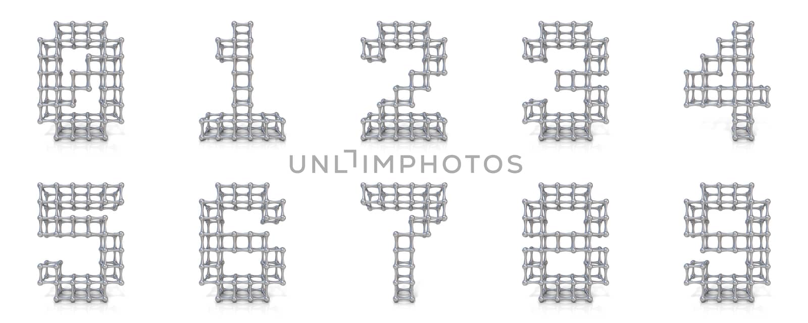 Metal lattice digits collection 3D render illustration isolated on white background