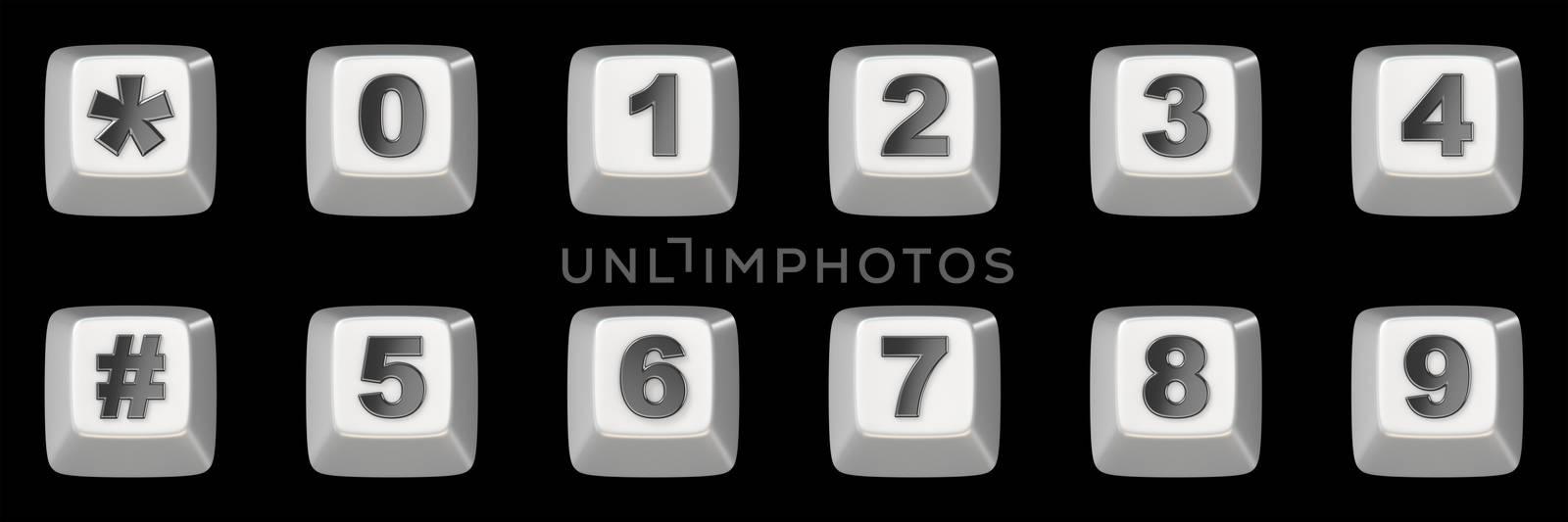 Computer keyboard key NUMBERS 3D render illustration isolated on black background