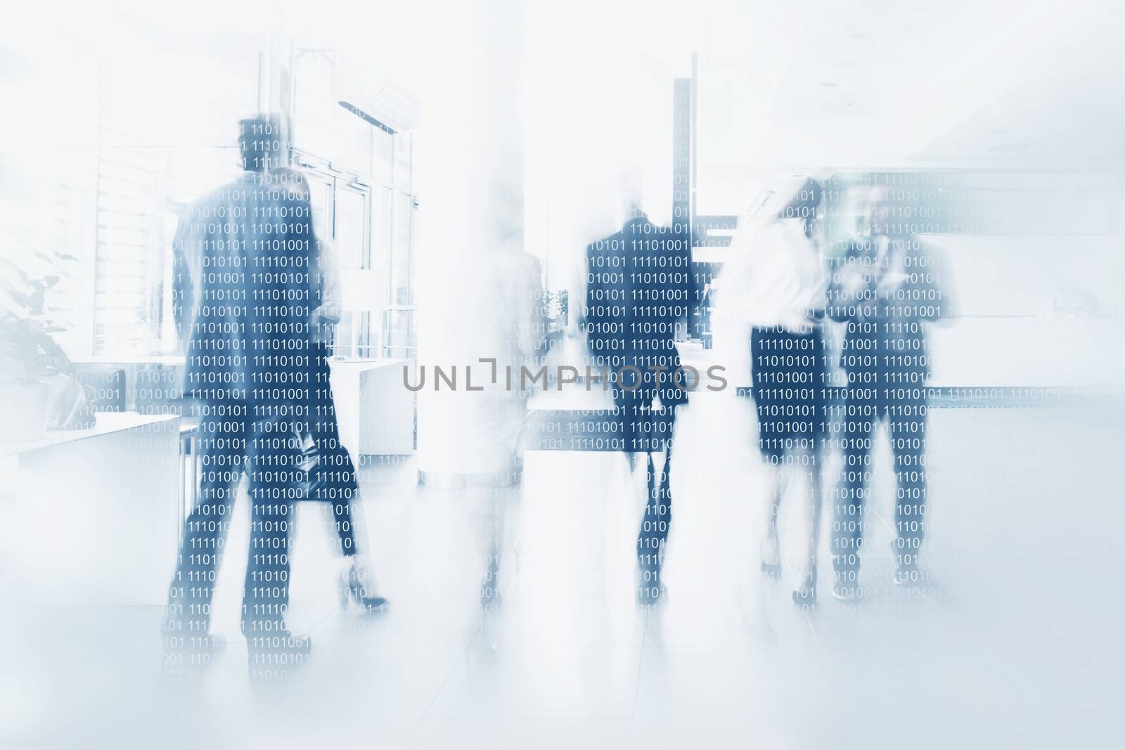 Businesspeople walking in the corridor of an business center, pronounced motion blur, binary code creative concept