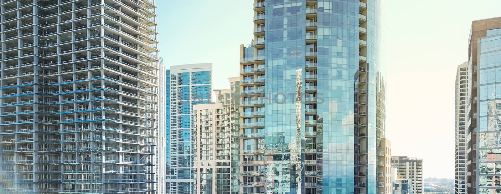 Panoramic aerial view close-up Chicago skyscrapers along river by trongnguyen