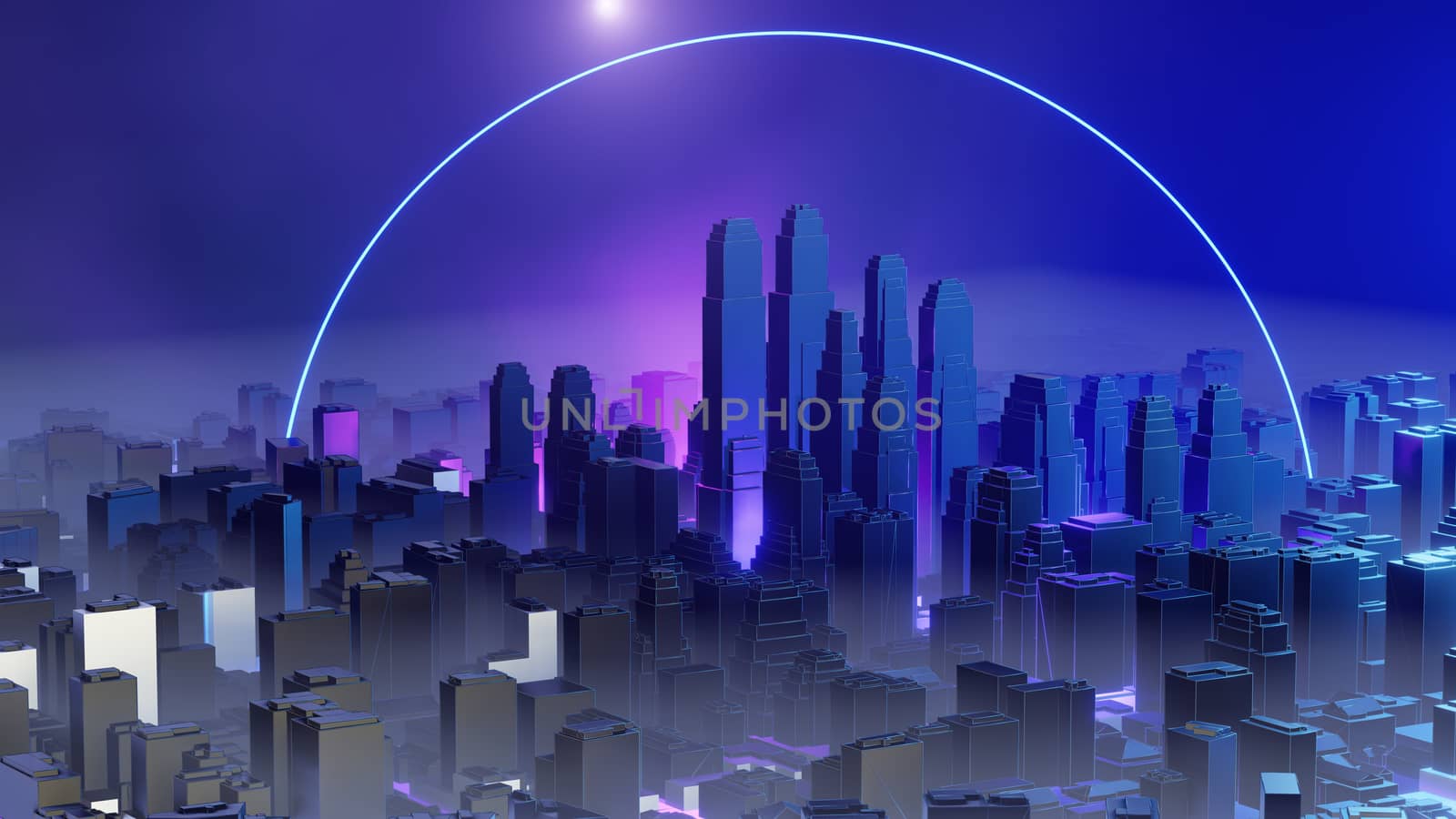 City in fog. Atmospheric emissions or explosion. 3D illustration. Concept of air pollution or military action