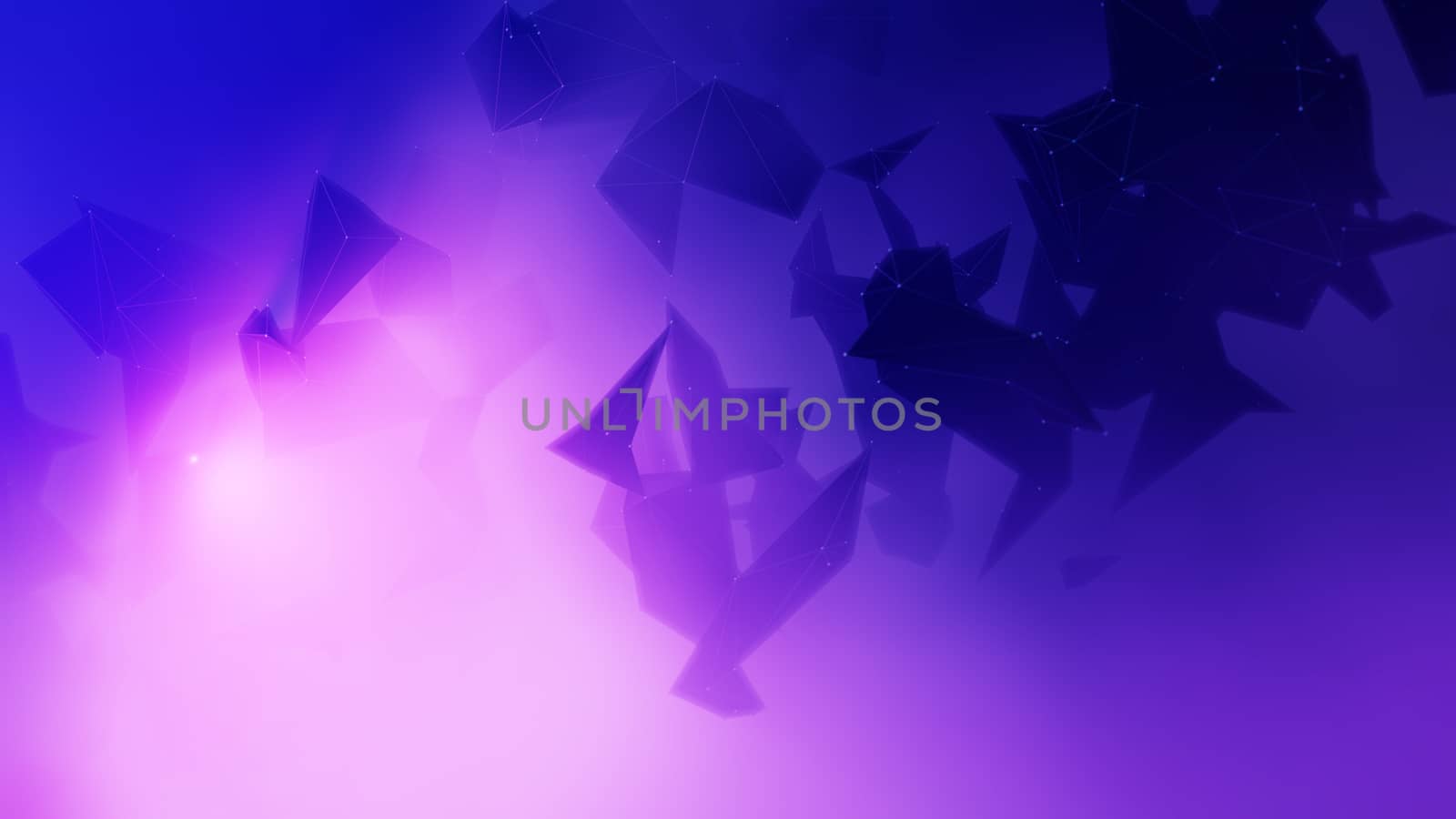 Connected polygonal plexus in a pink-blue background with fog. 3D illustration