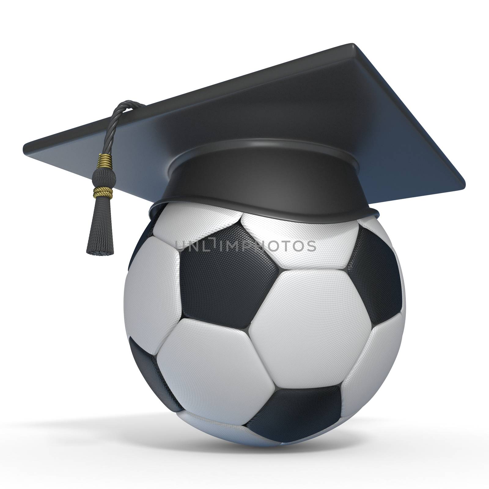 Graduation cap on football 3D render illustration on white background