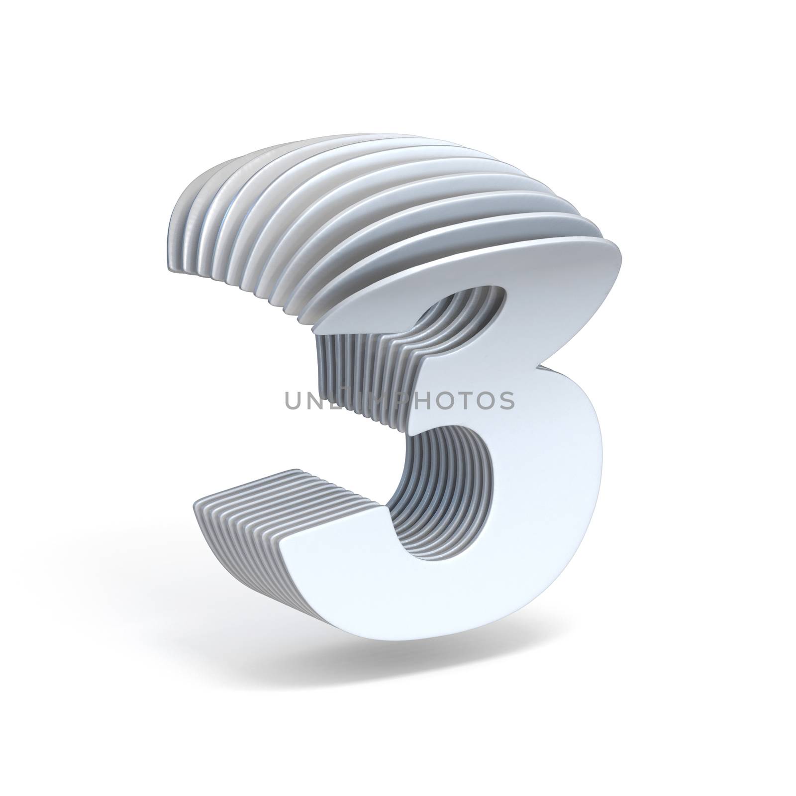 Curved paper sheets Number 3 THREE 3D render illustration isolated on white background