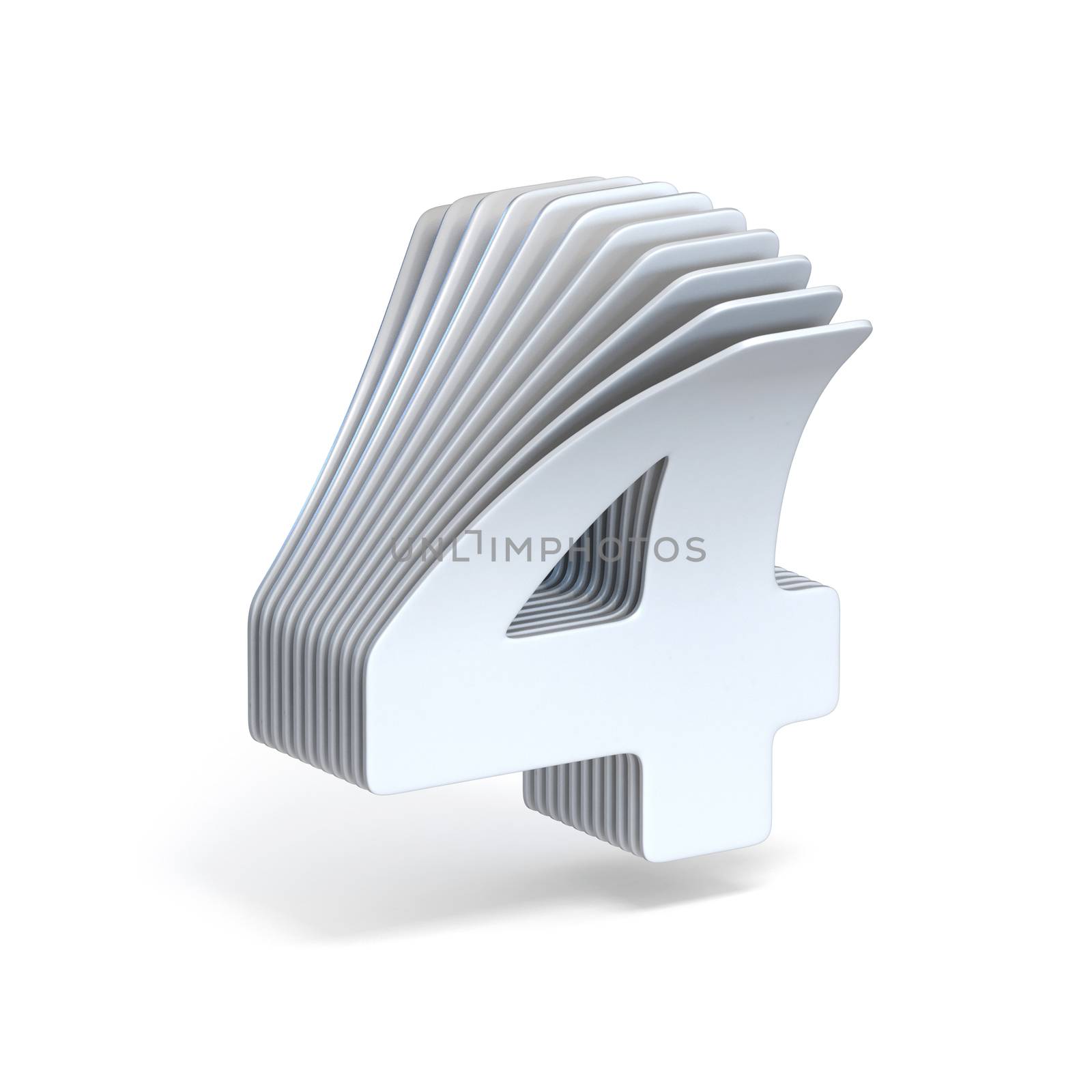 Curved paper sheets Number 4 FOUR 3D render illustration isolated on white background