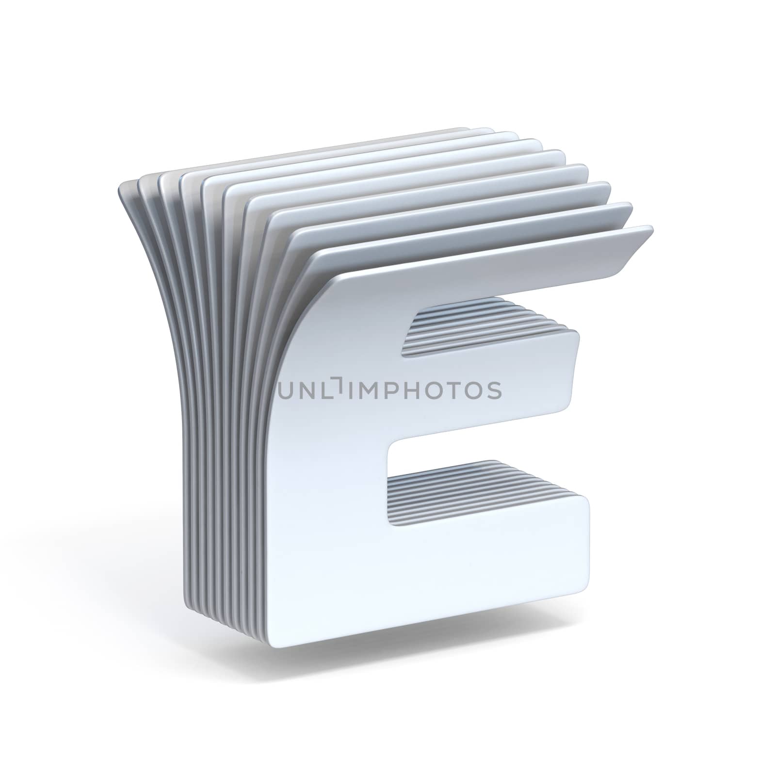 Curved paper sheets Letter E 3D render illustration isolated on white background