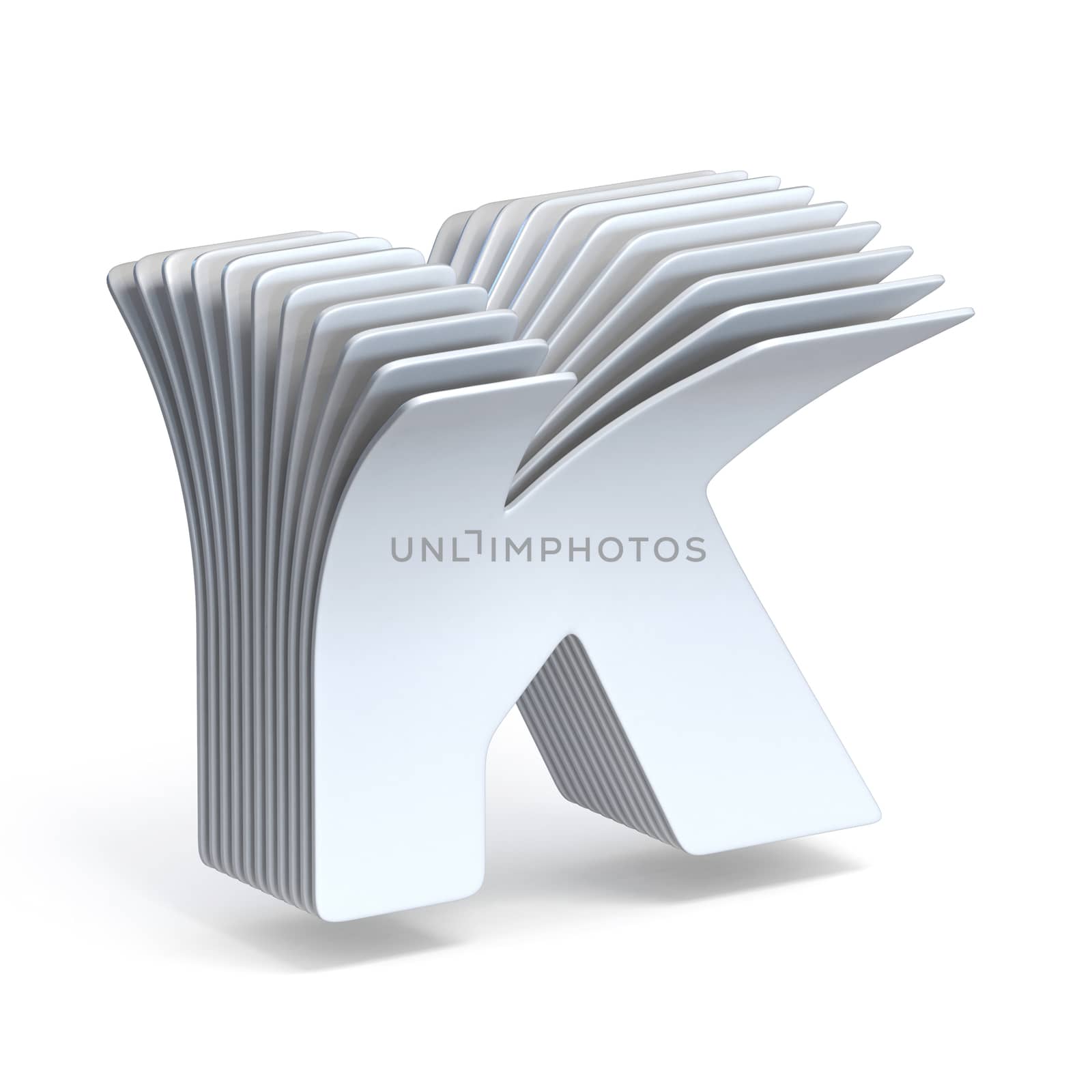 Curved paper sheets Letter K 3D render illustration isolated on white background