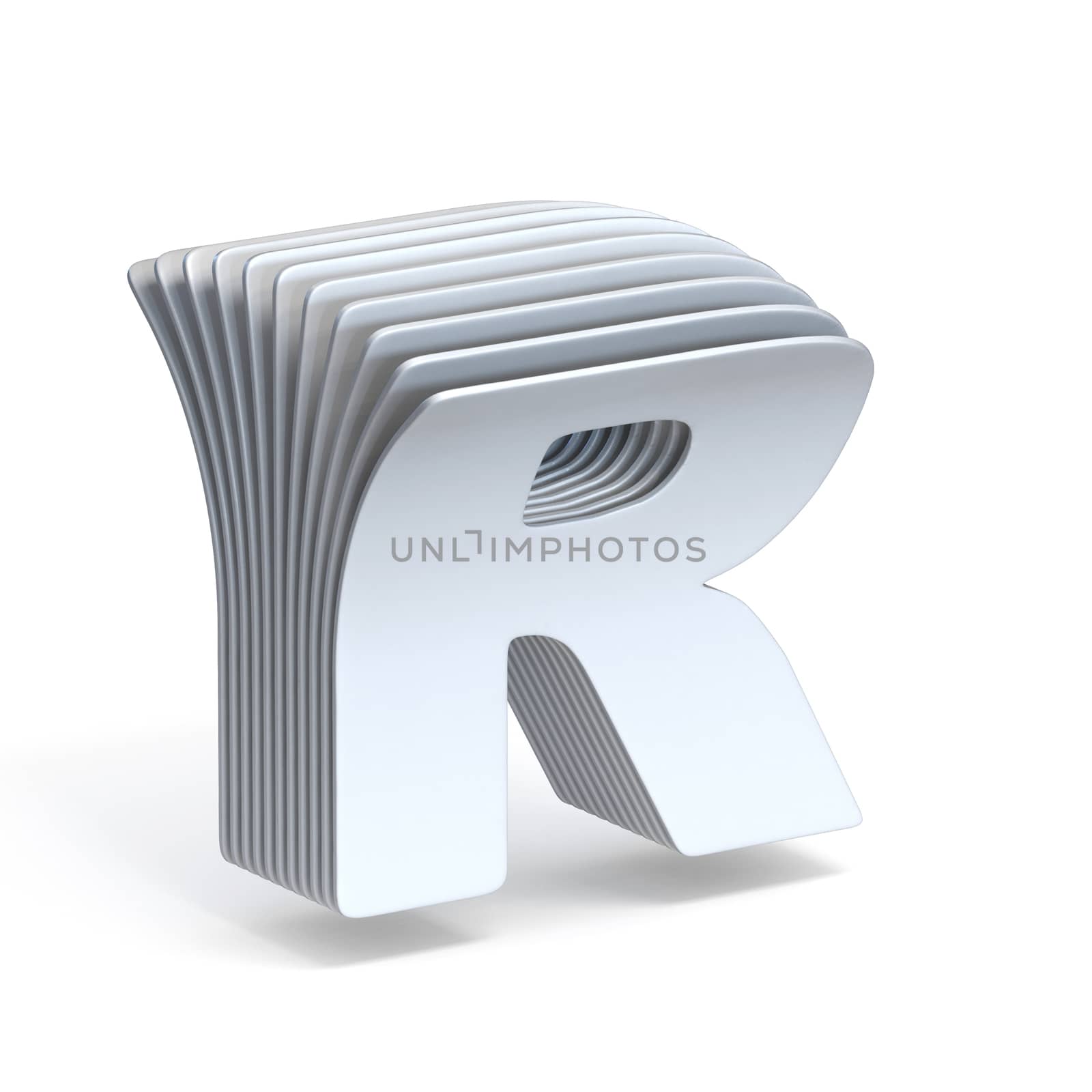 Curved paper sheets Letter R 3D render illustration isolated on white background