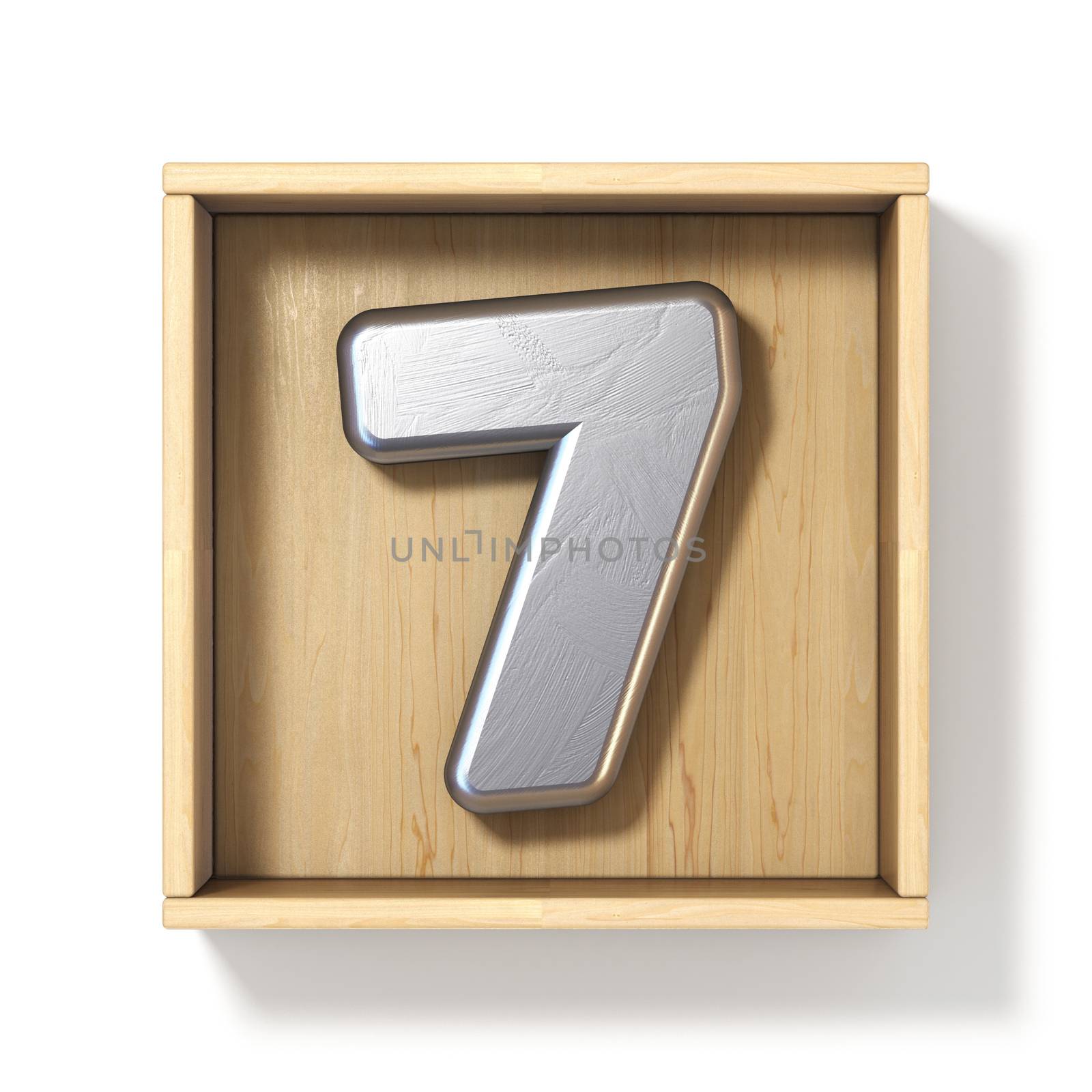 Silver metal number 7 SEVEN in wooden box 3D render illustration isolated on white background