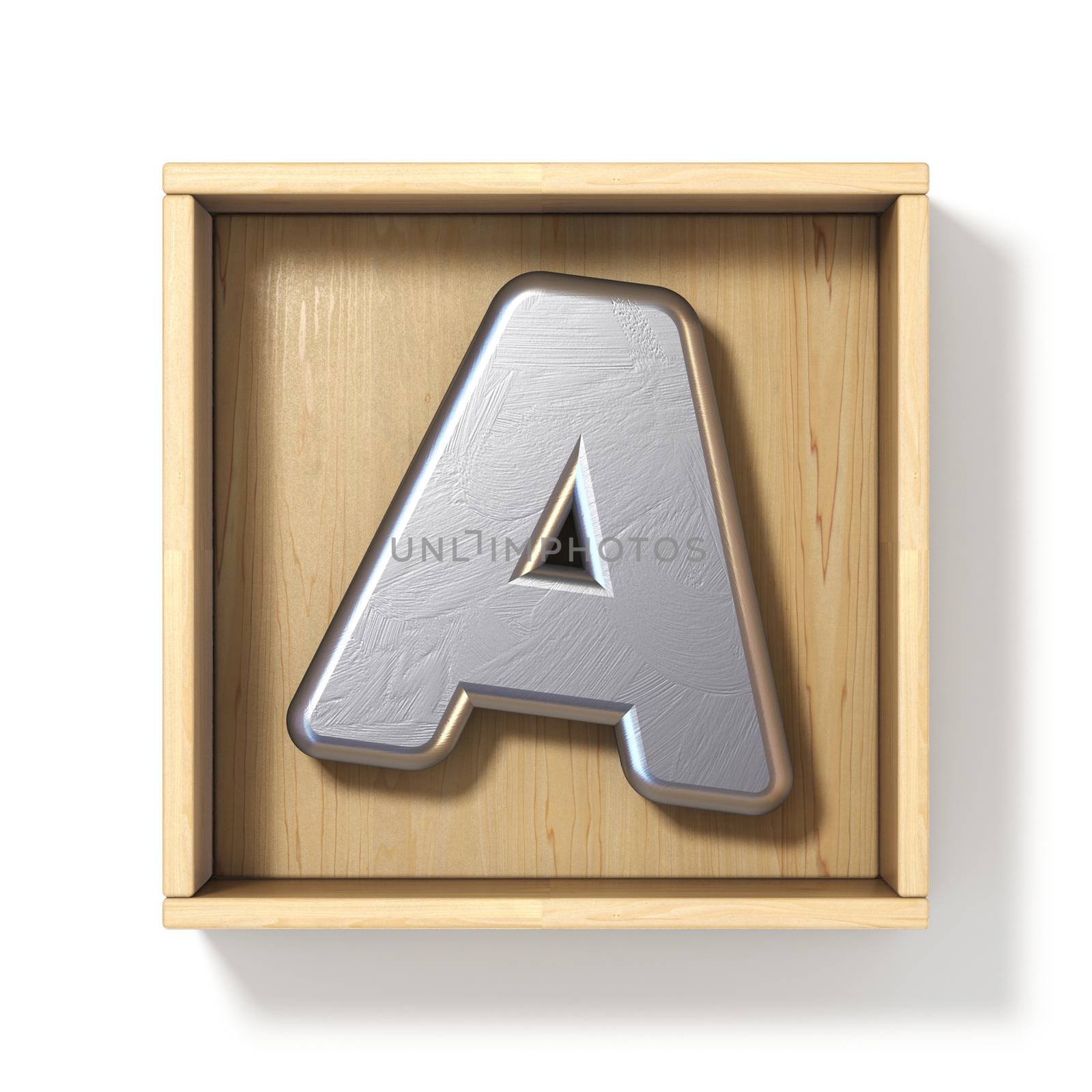 Silver metal letter A in wooden box 3D by djmilic
