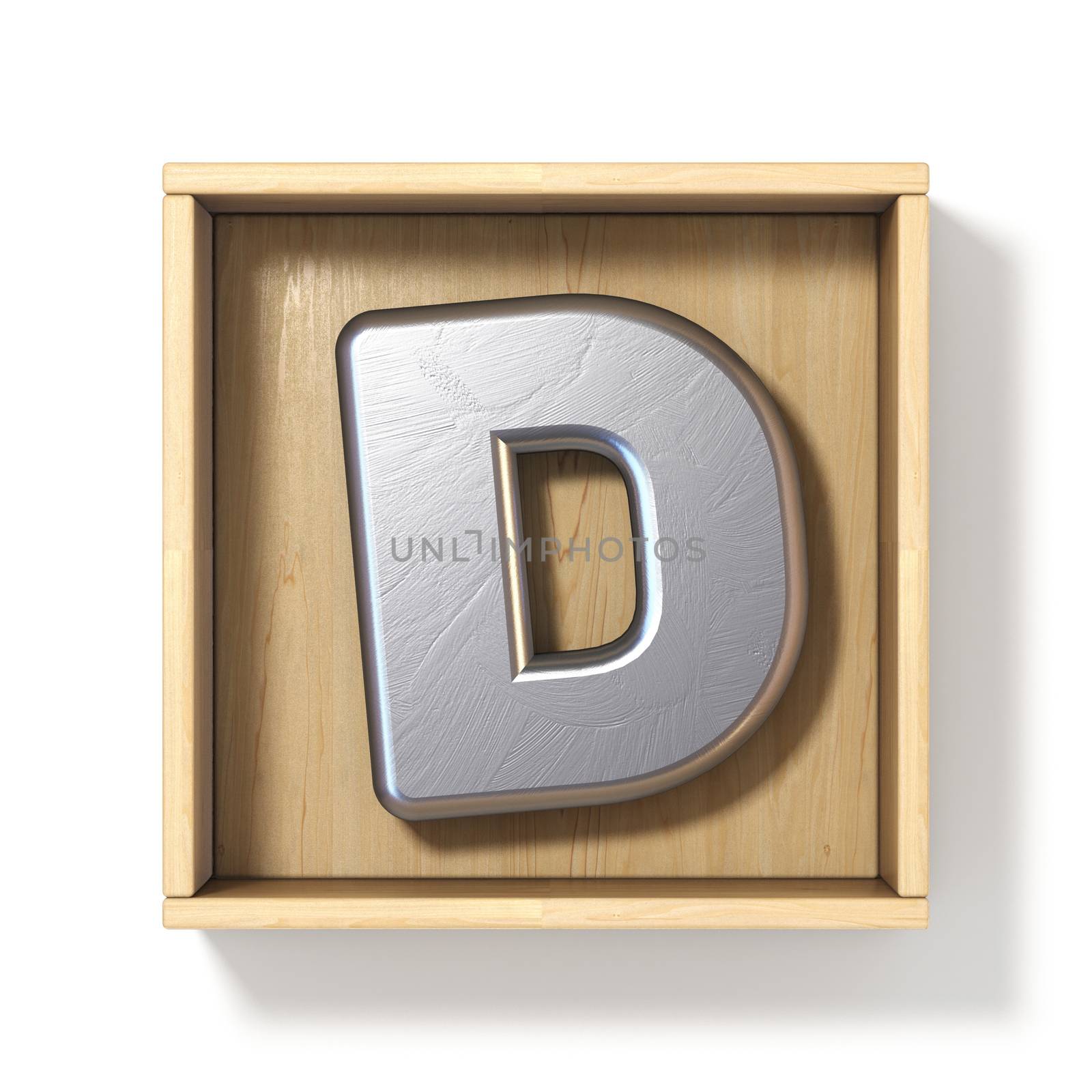 Silver metal letter D in wooden box 3D render illustration isolated on white background
