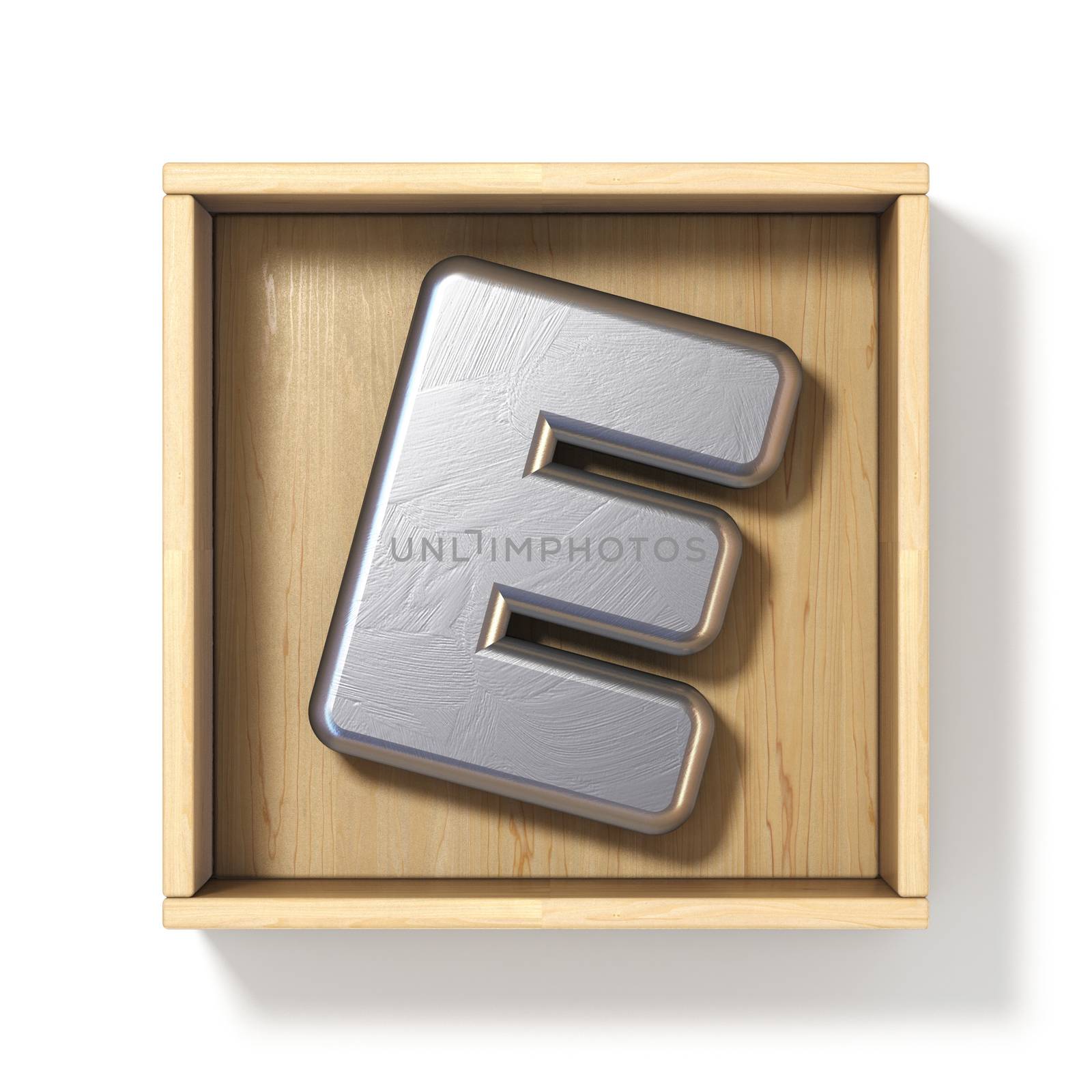 Silver metal letter E in wooden box 3D render illustration isolated on white background