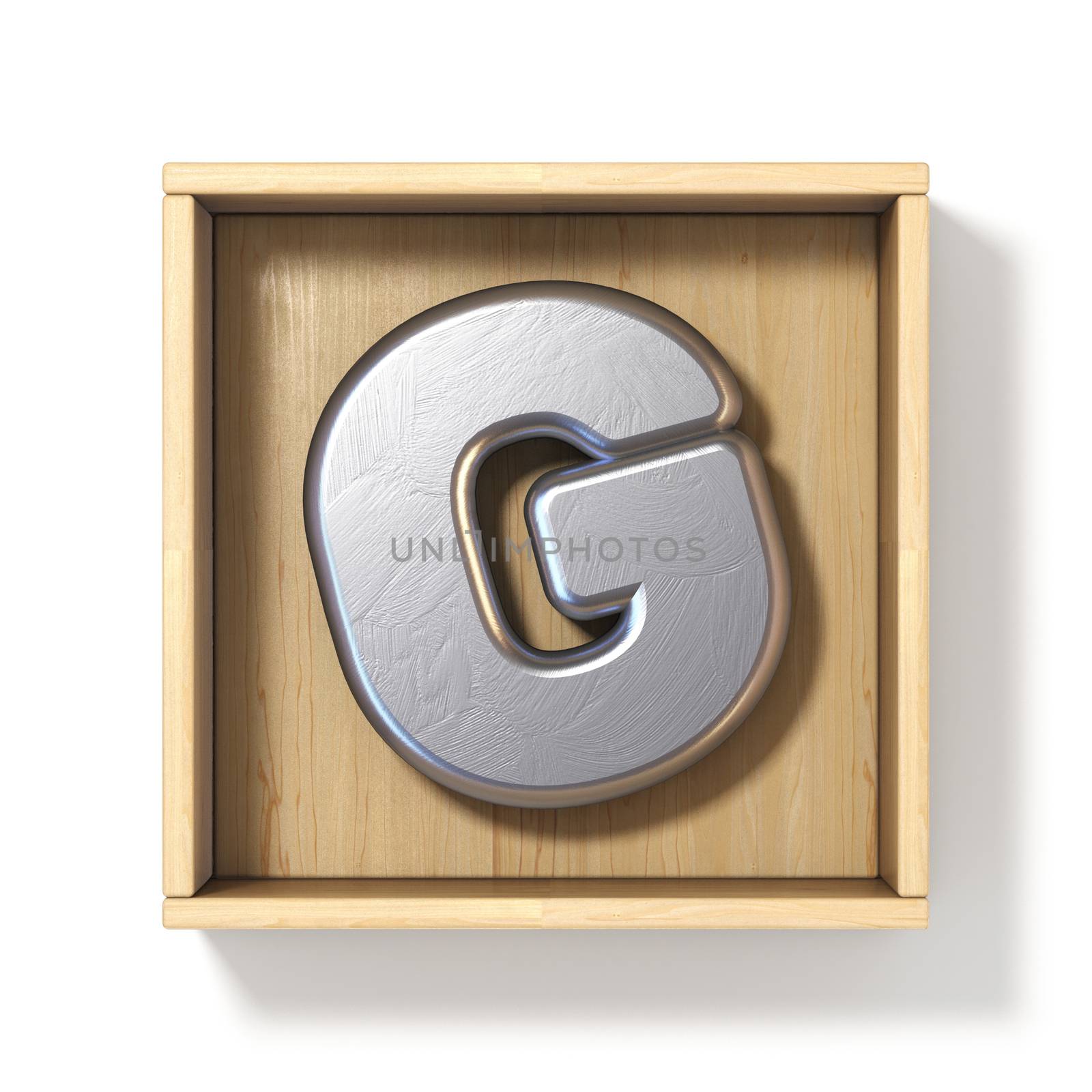 Silver metal letter G in wooden box 3D render illustration isolated on white background