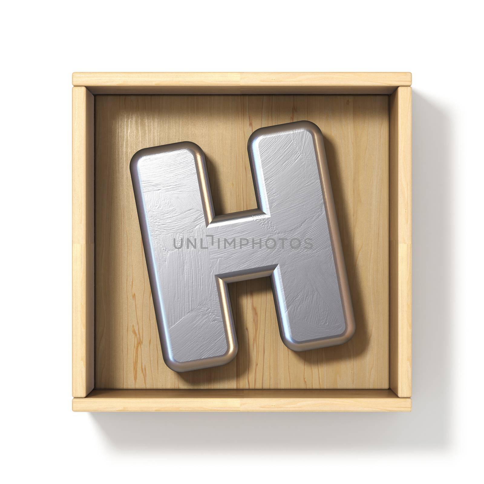 Silver metal letter H in wooden box 3D render illustration isolated on white background