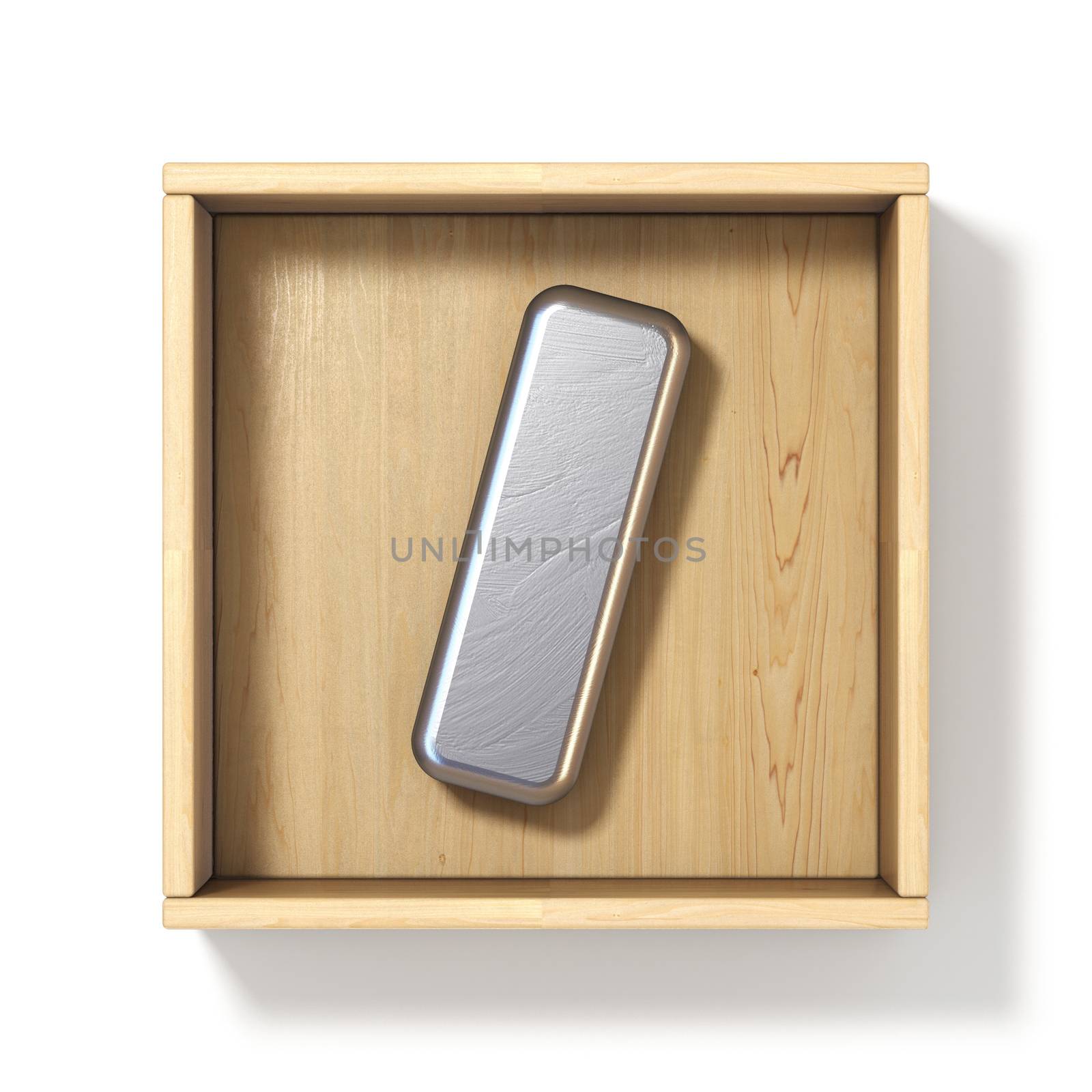 Silver metal letter I in wooden box 3D render illustration isolated on white background