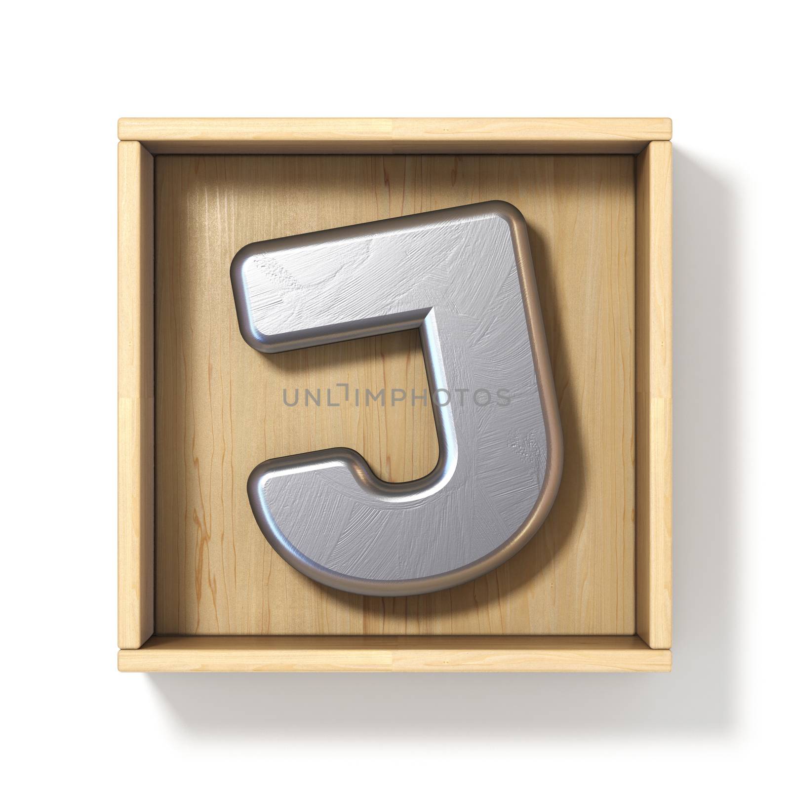 Silver metal letter J in wooden box 3D render illustration isolated on white background