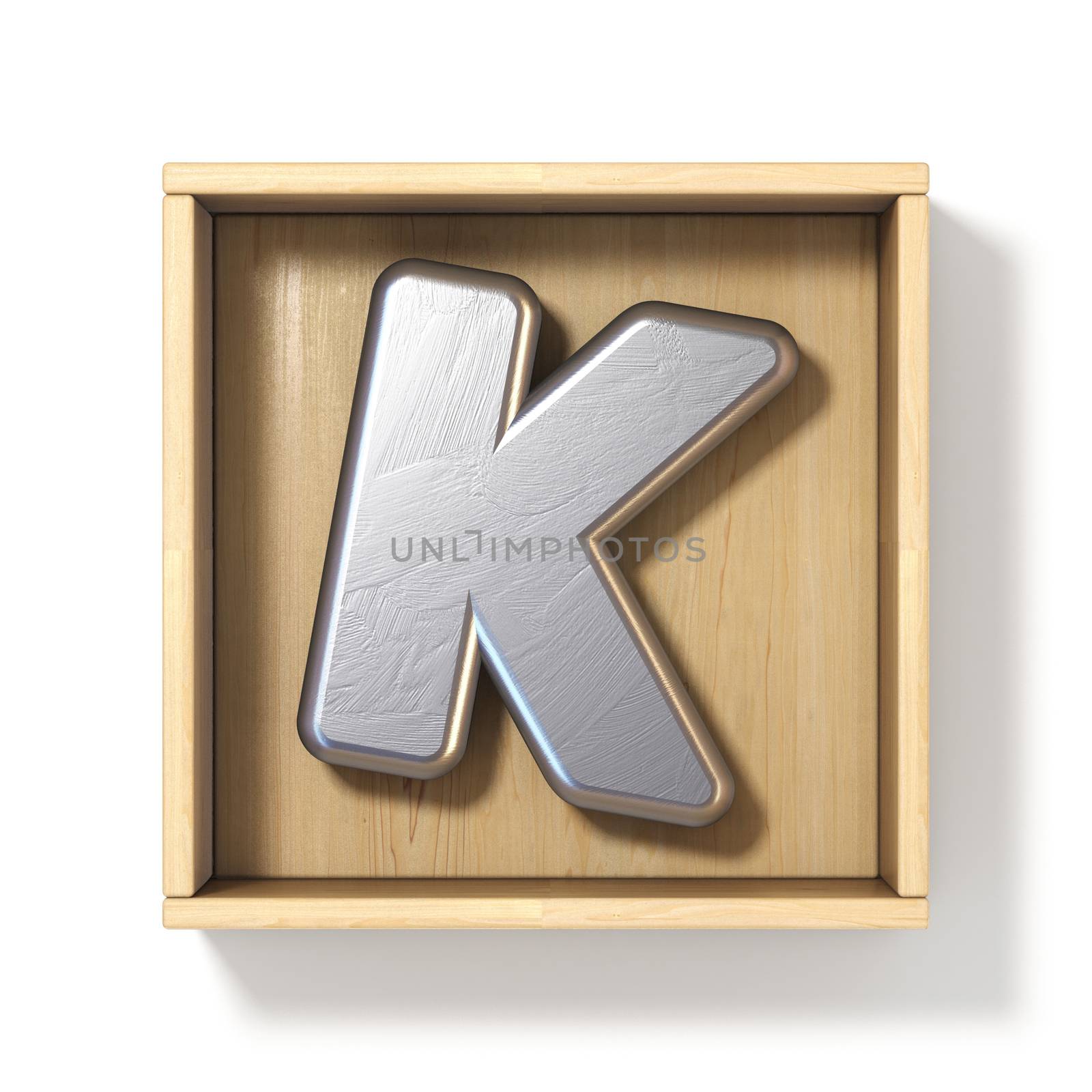 Silver metal letter K in wooden box 3D render illustration isolated on white background