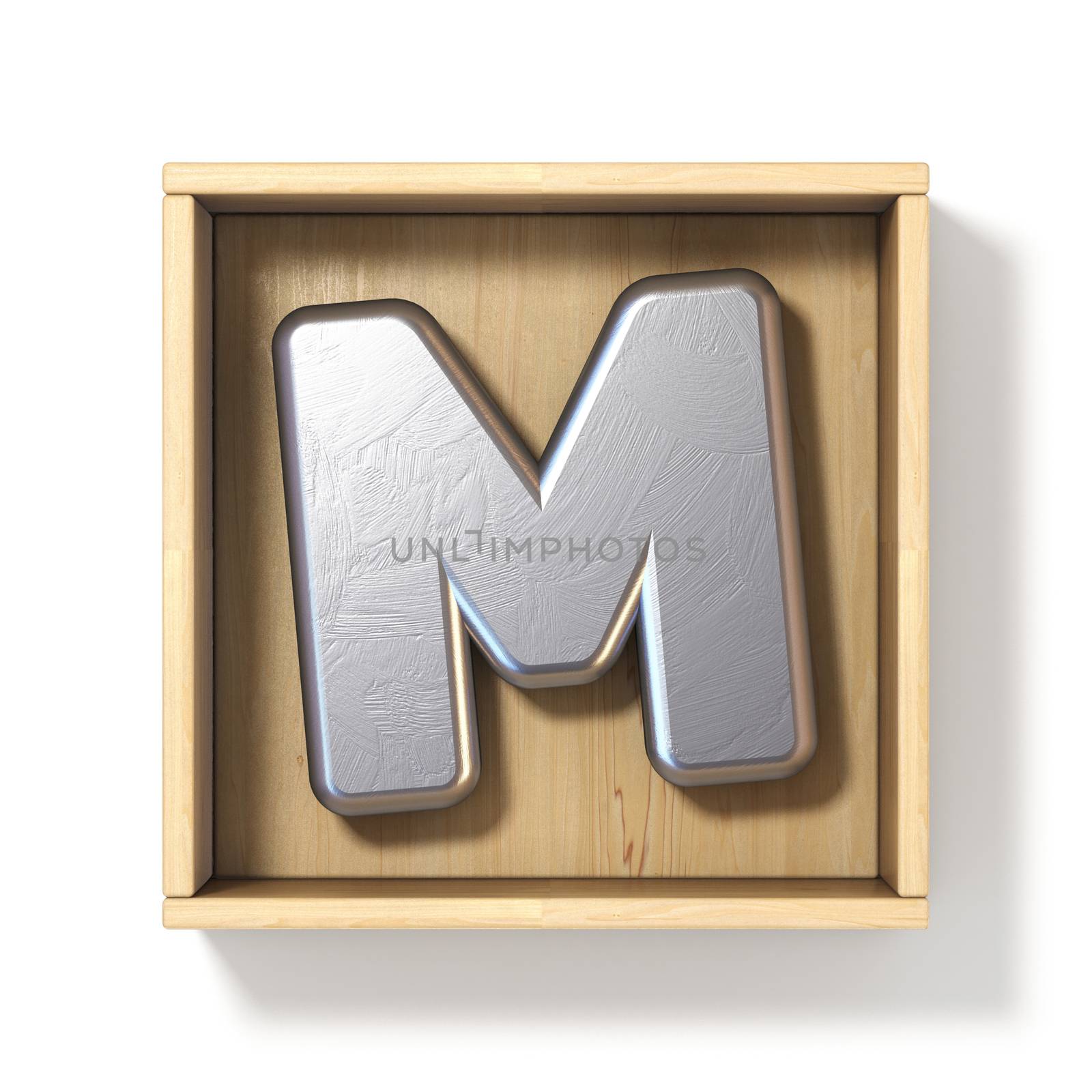 Silver metal letter M in wooden box 3D render illustration isolated on white background