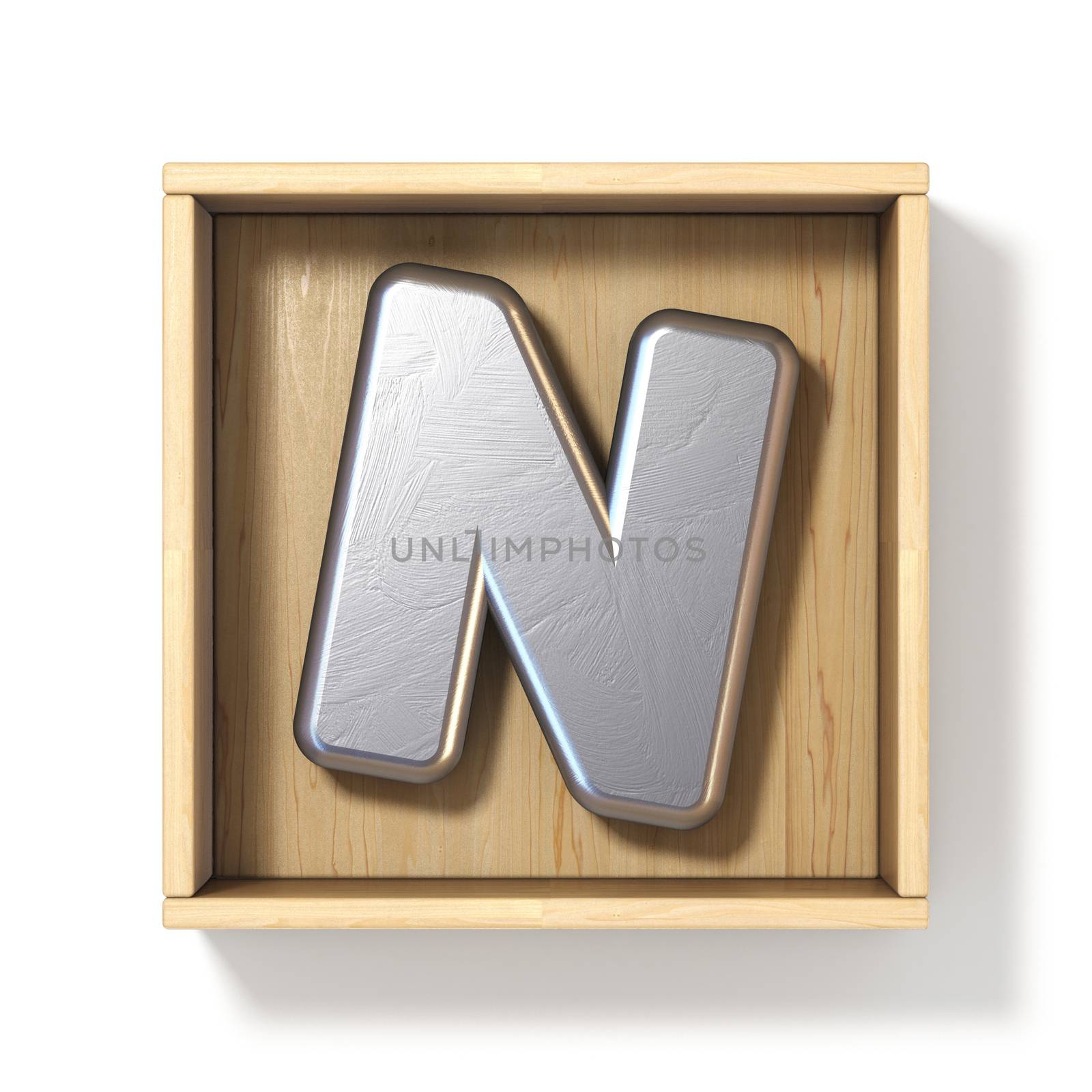Silver metal letter N in wooden box 3D render illustration isolated on white background