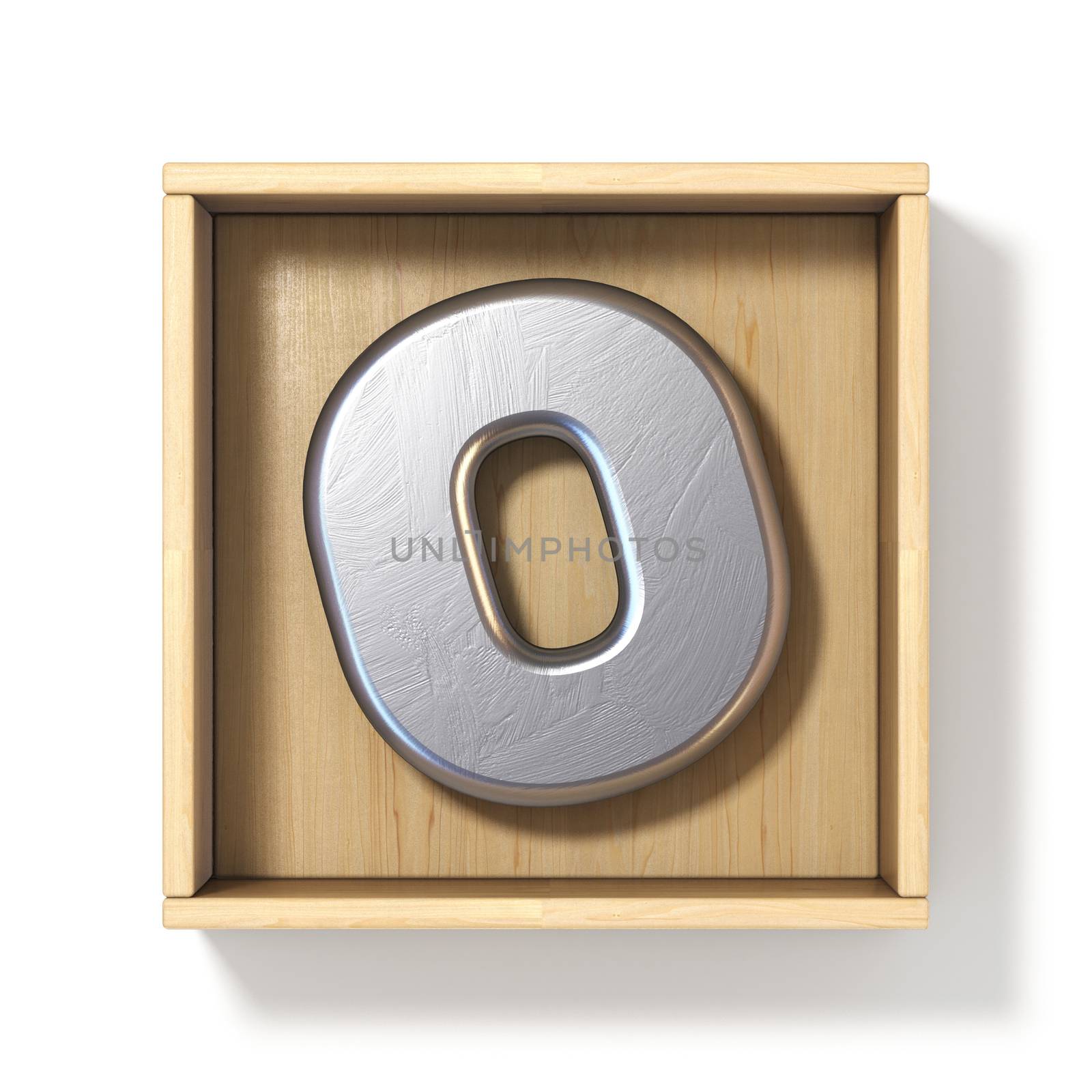 Silver metal letter O in wooden box 3D render illustration isolated on white background