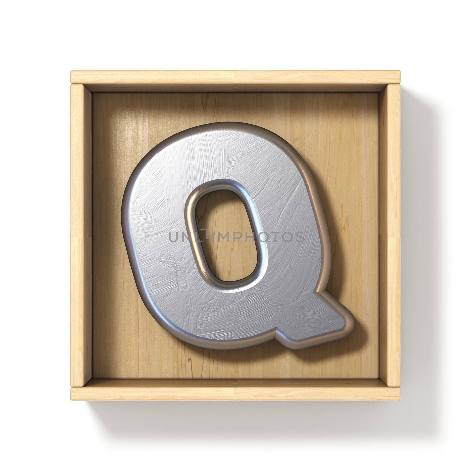 Silver metal letter Q in wooden box 3D render illustration isolated on white background