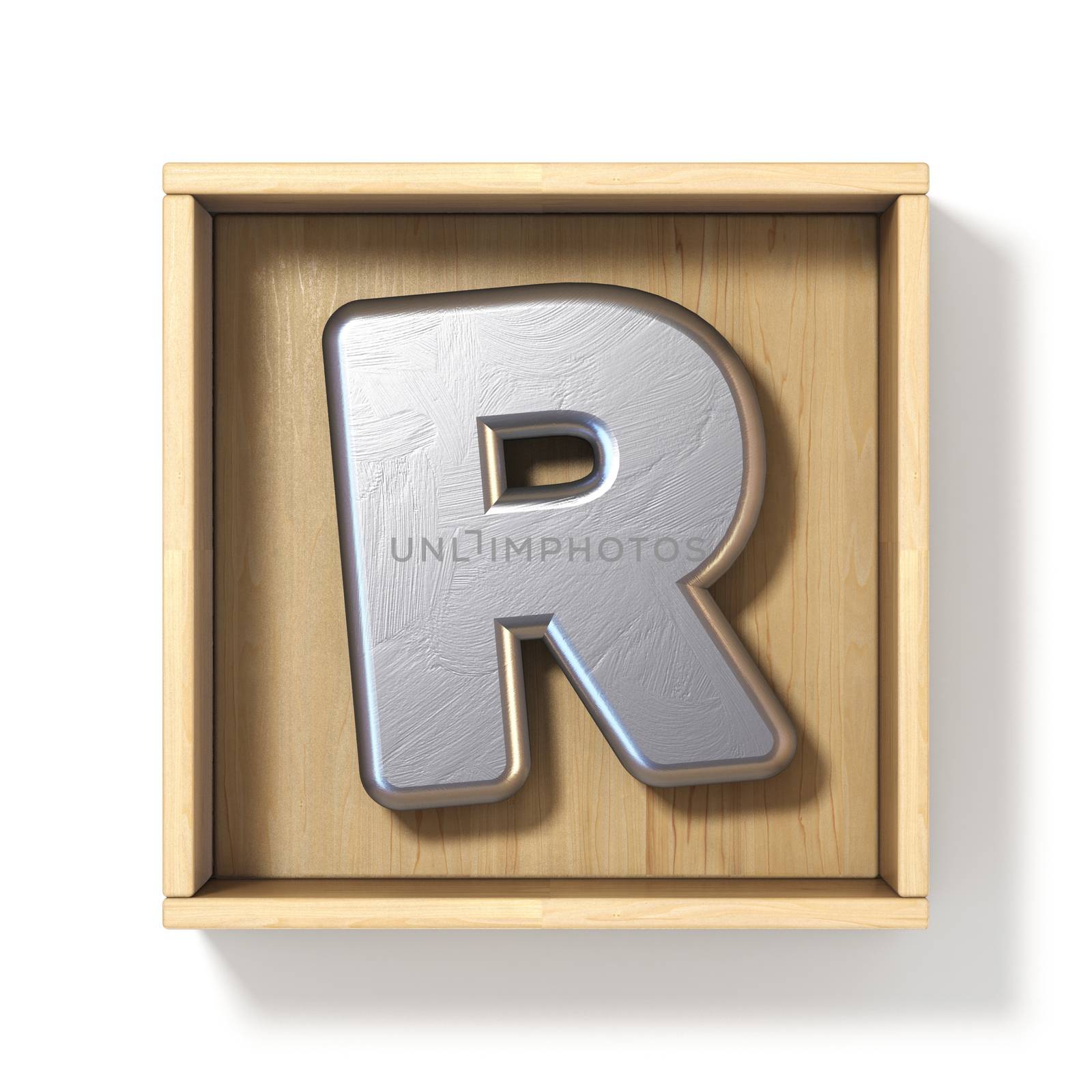 Silver metal letter R in wooden box 3D render illustration isolated on white background