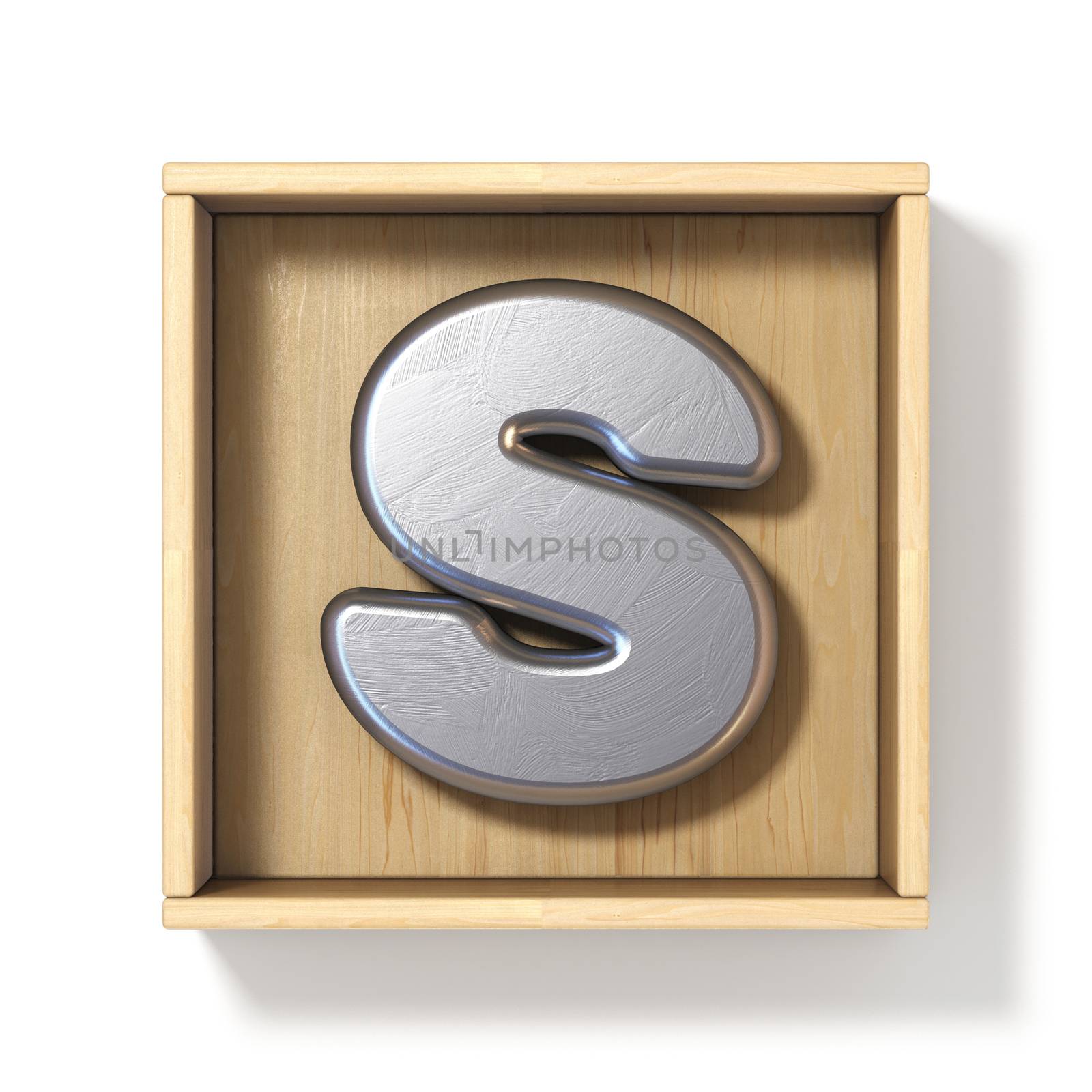 Silver metal letter S in wooden box 3D render illustration isolated on white background