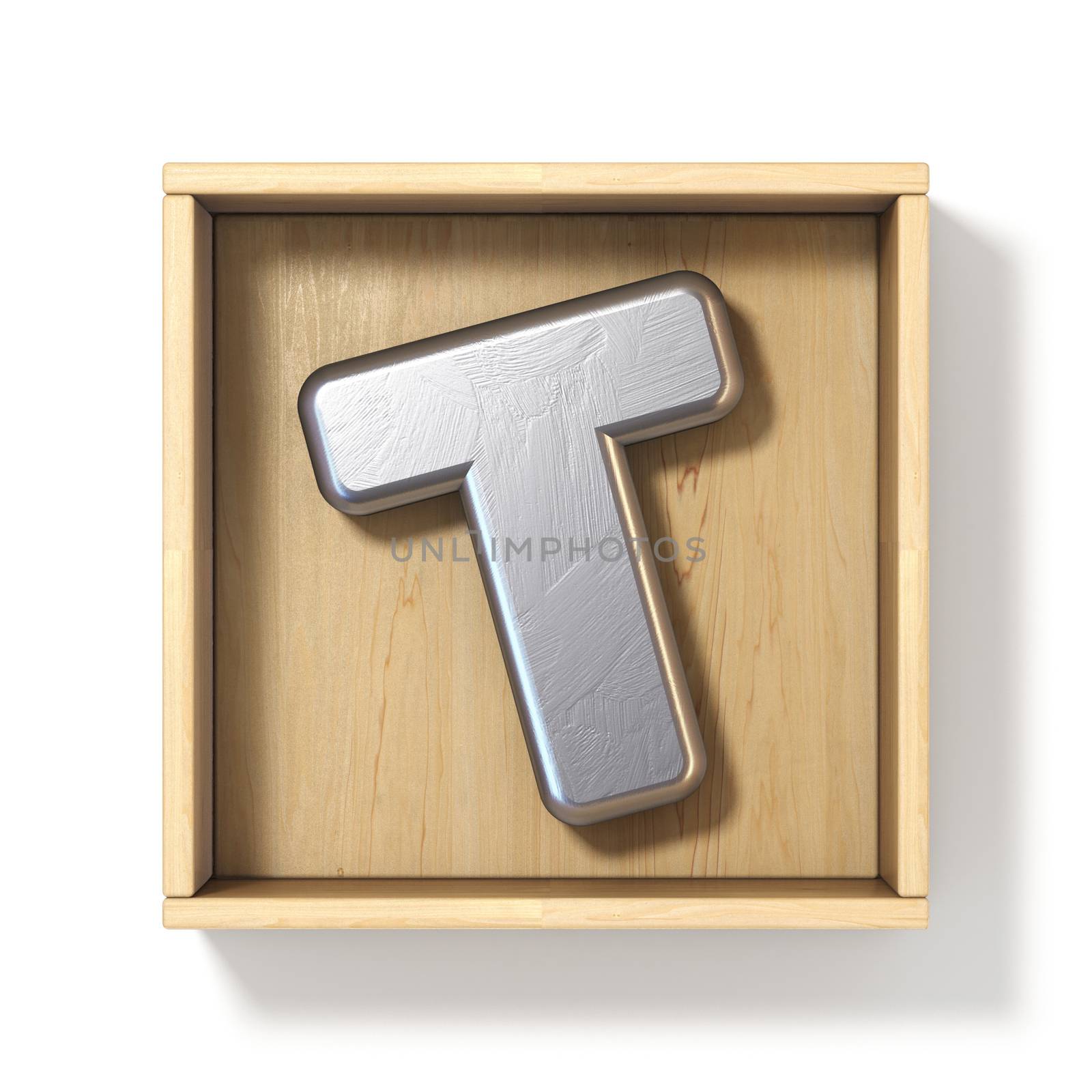 Silver metal letter T in wooden box 3D render illustration isolated on white background