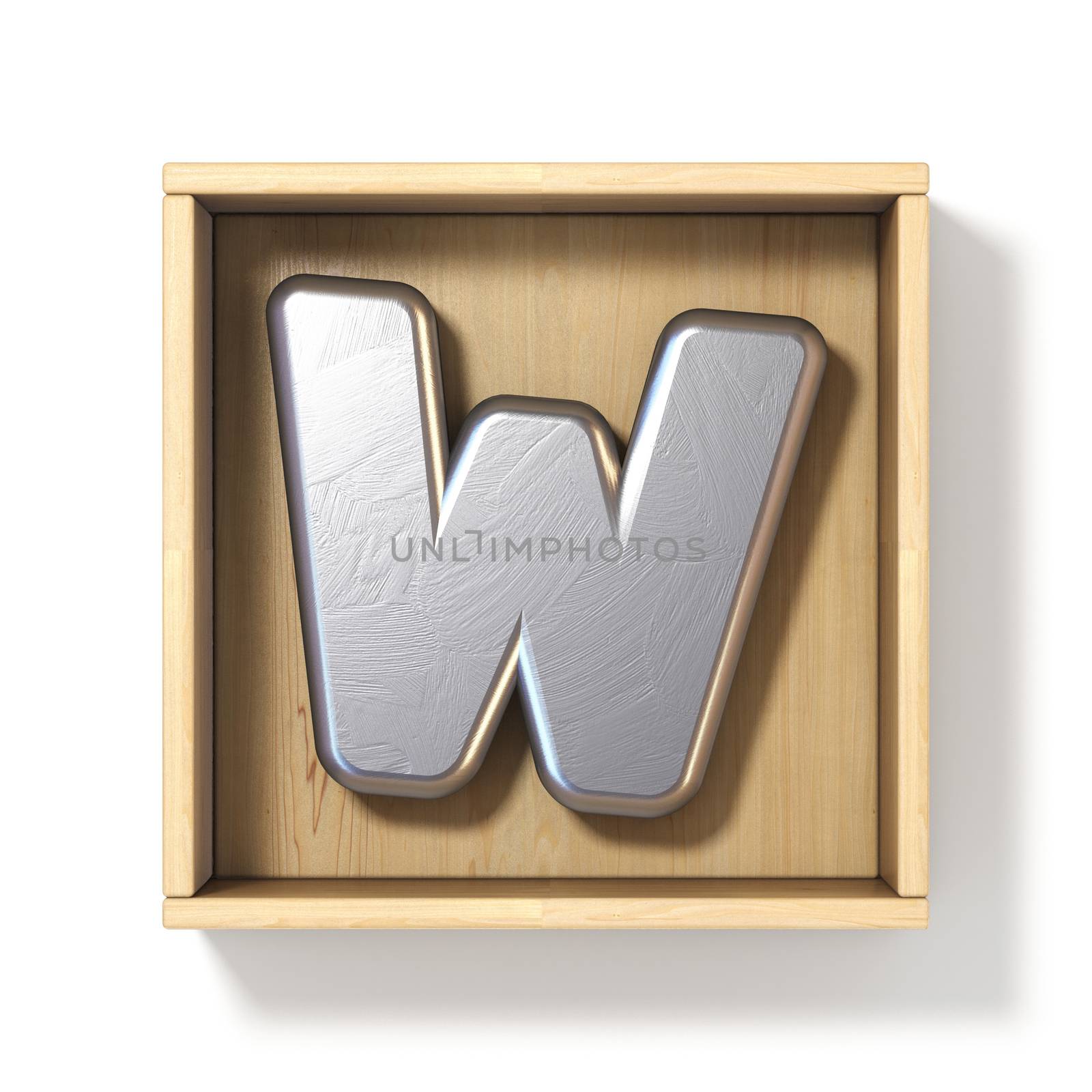 Silver metal letter W in wooden box 3D render illustration isolated on white background