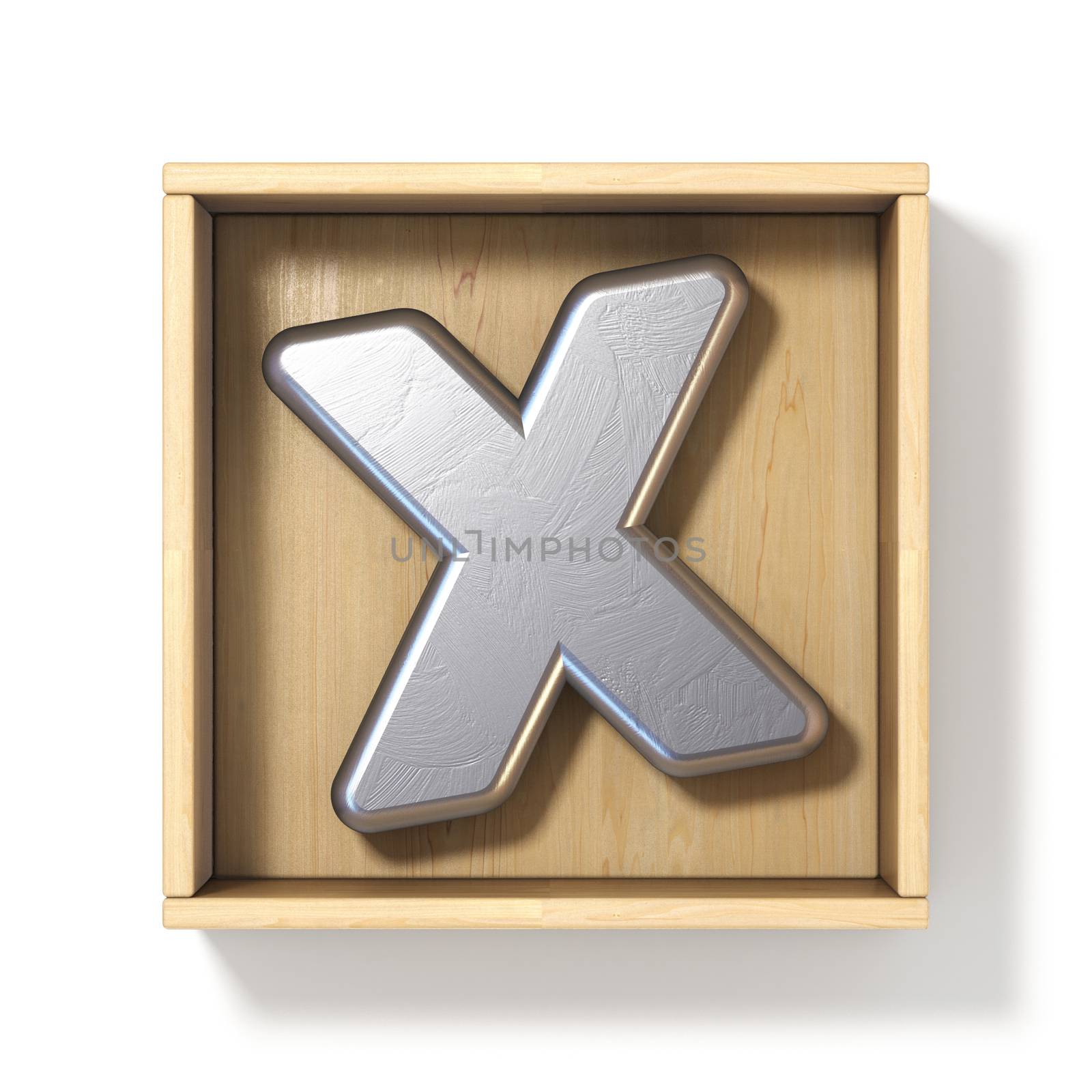 Silver metal letter X in wooden box 3D render illustration isolated on white background