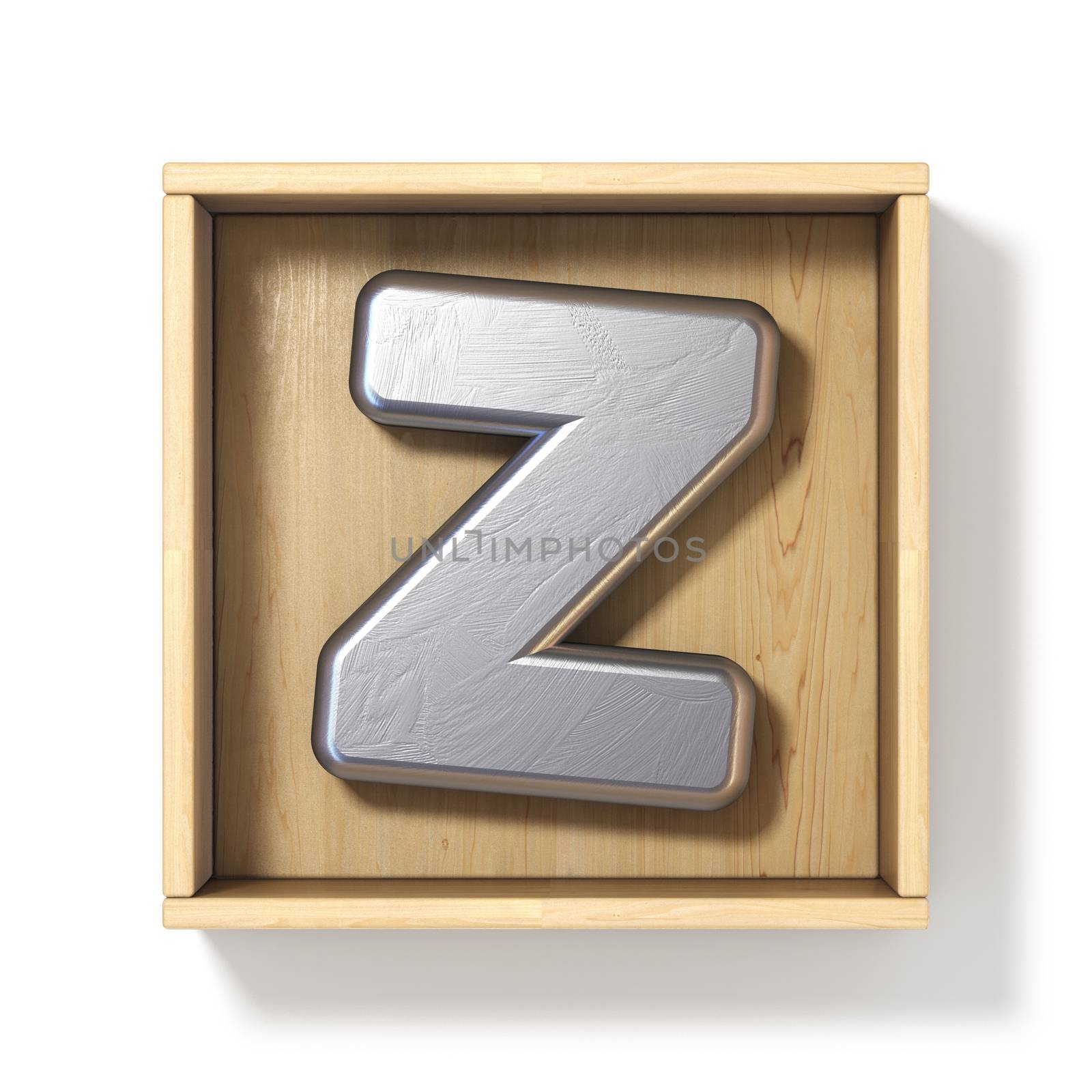 Silver metal letter Z in wooden box 3D render illustration isolated on white background