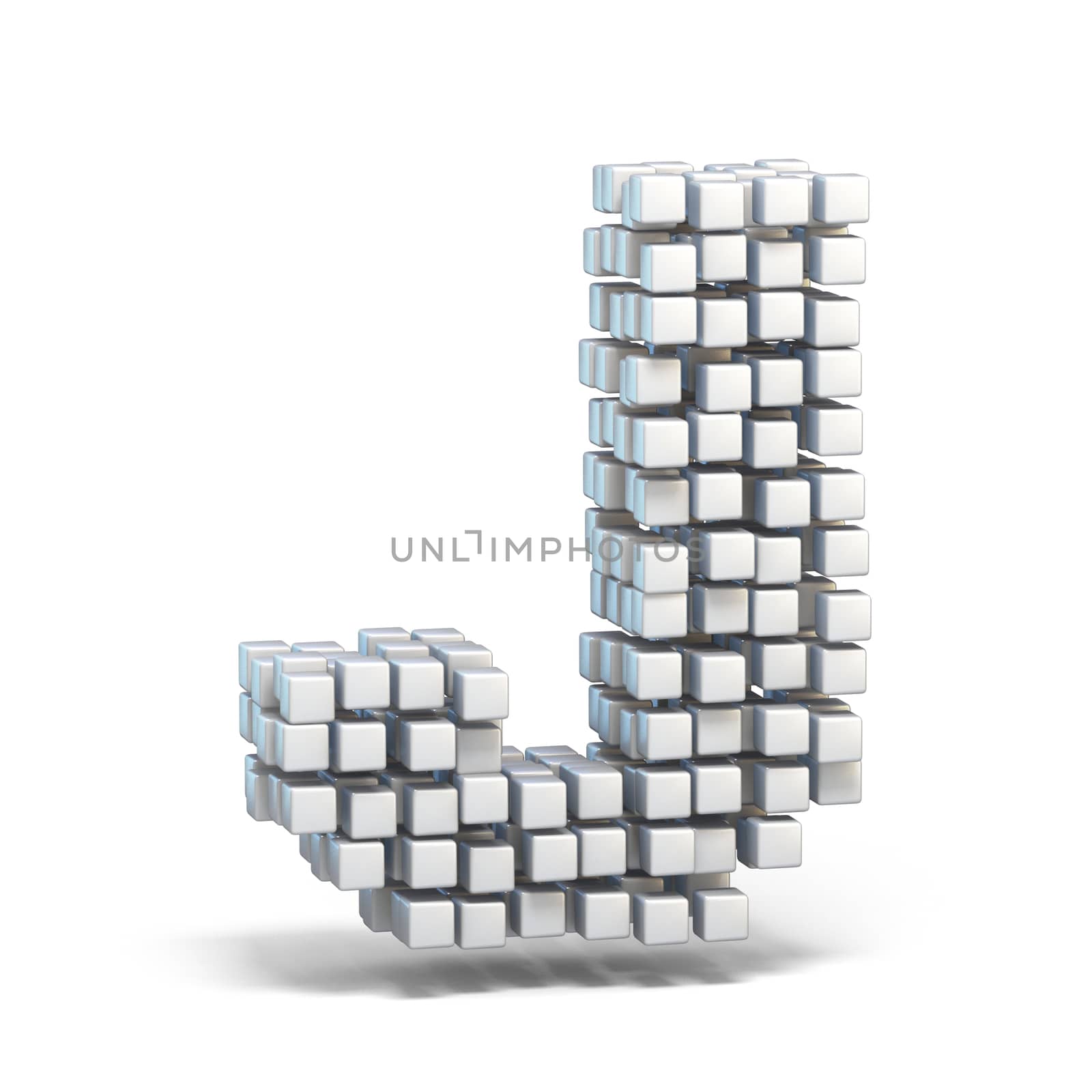 White voxel cubes font Letter J 3D render illustration isolated on white background