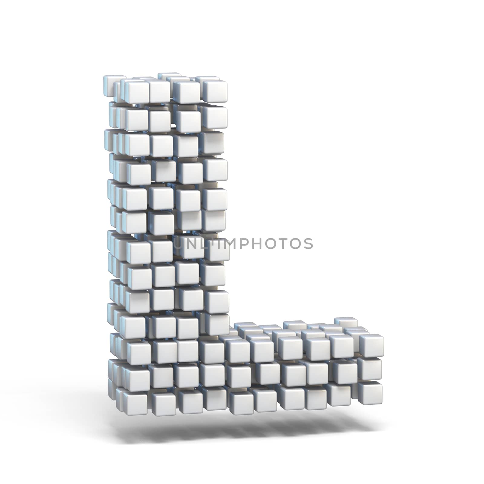 White voxel cubes font Letter L 3D render illustration isolated on white background