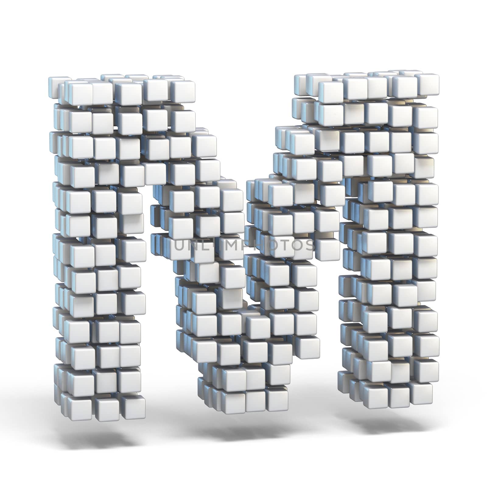 White voxel cubes font Letter M 3D render illustration isolated on white background