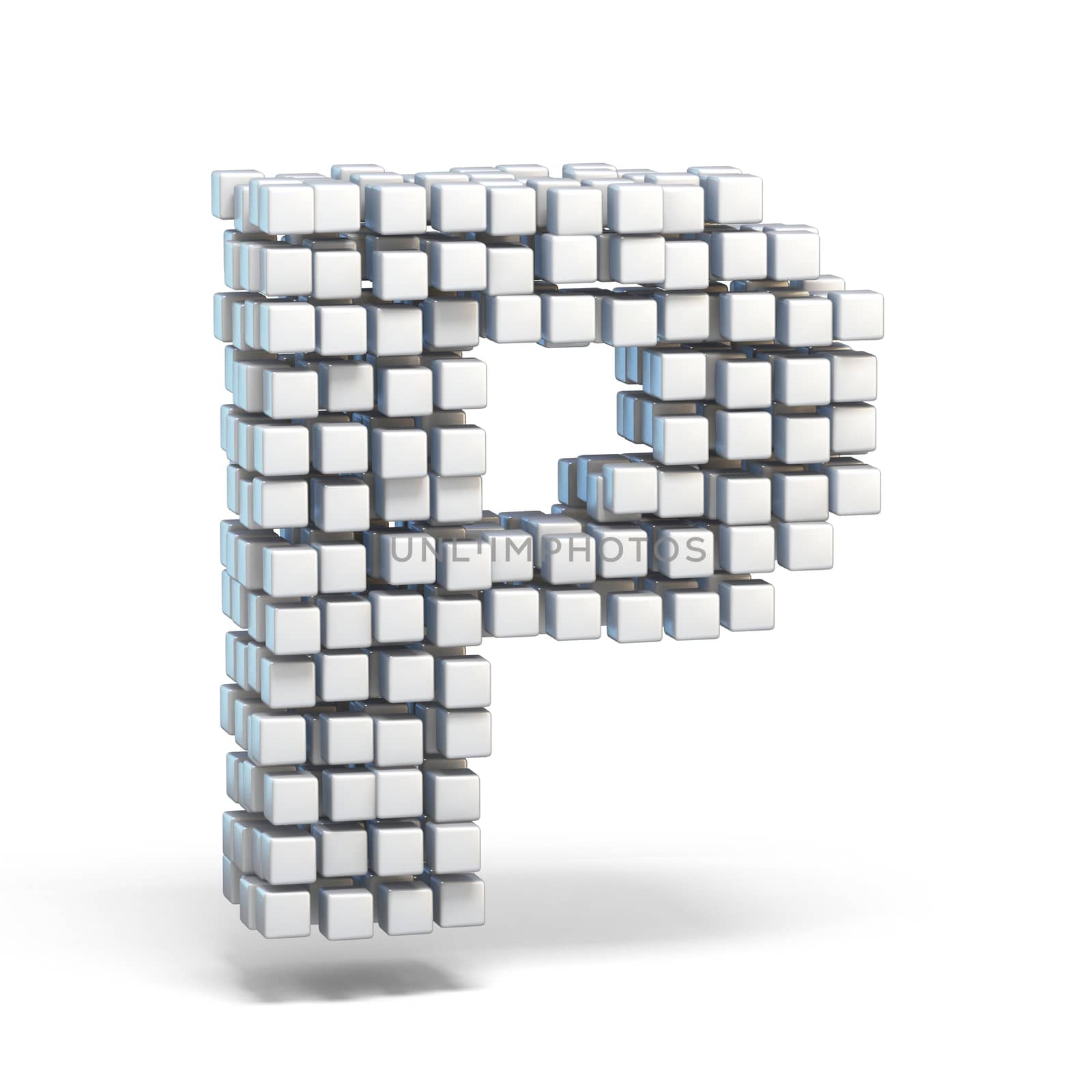White voxel cubes font Letter P 3D render illustration isolated on white background