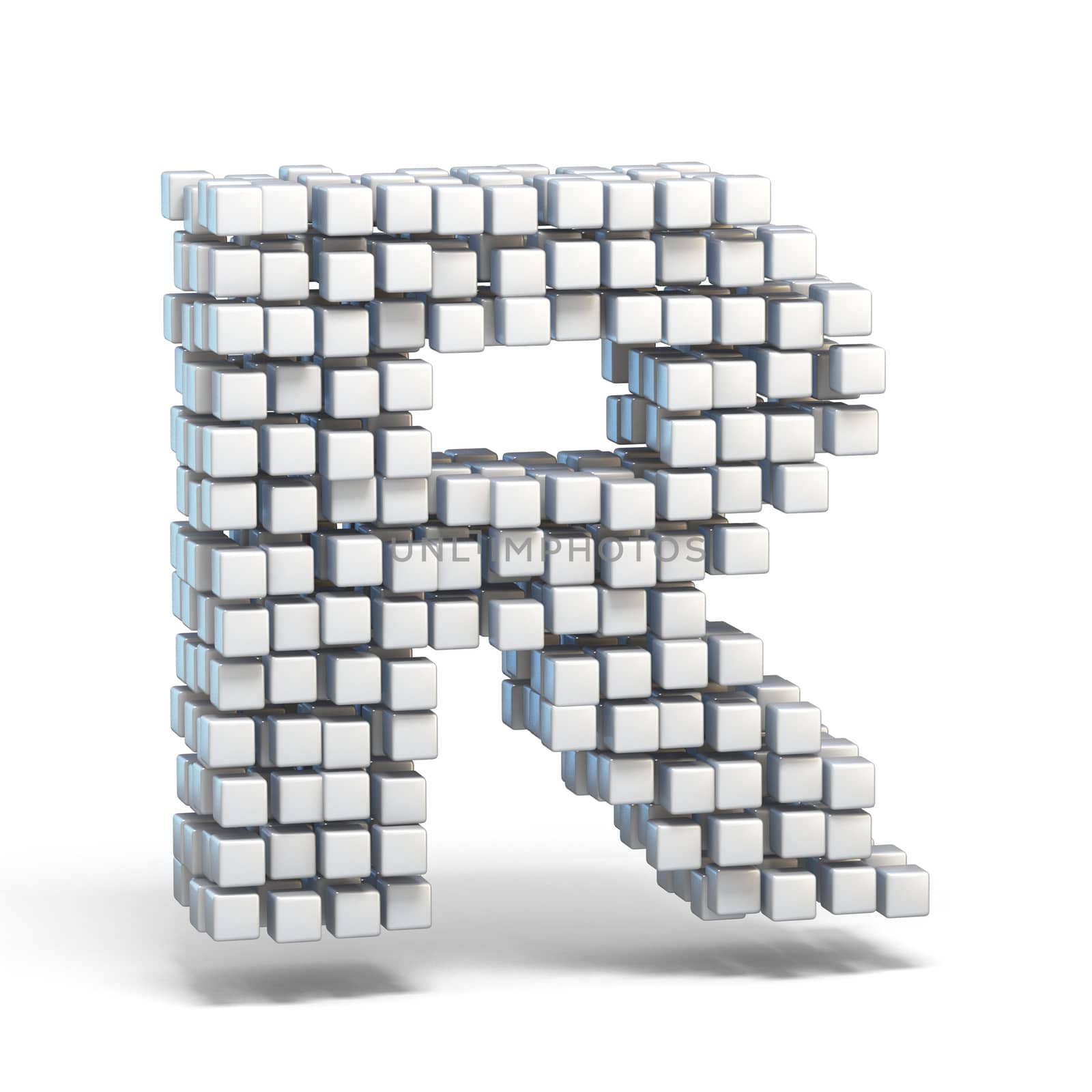 White voxel cubes font Letter R 3D render illustration isolated on white background