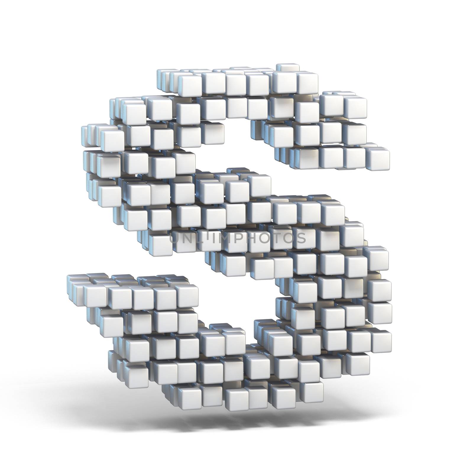 White voxel cubes font Letter S 3D render illustration isolated on white background