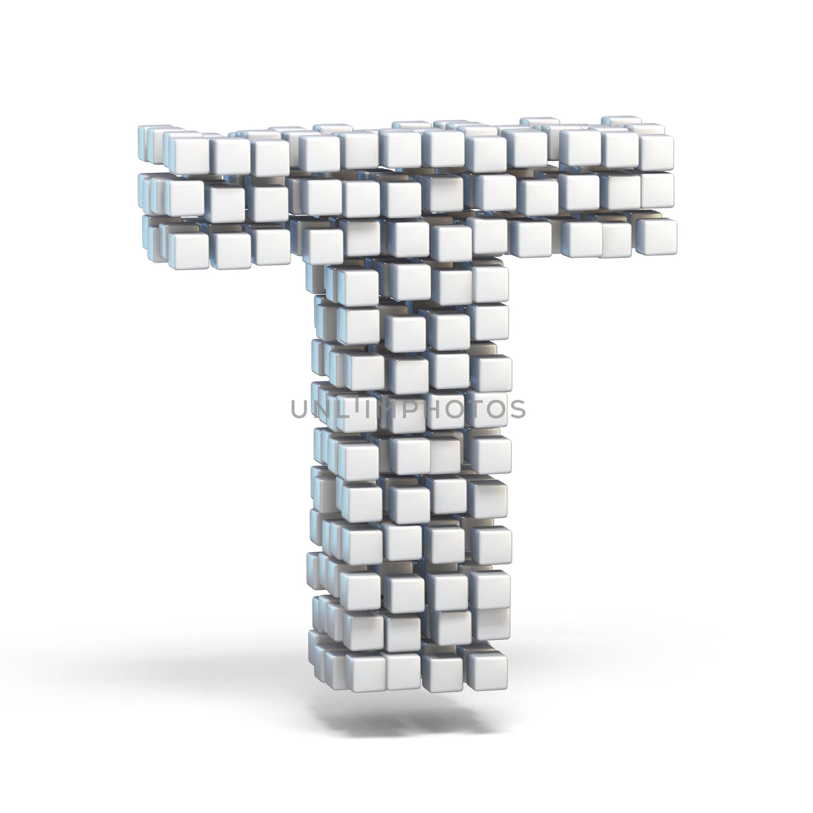 White voxel cubes font Letter T 3D render illustration isolated on white background