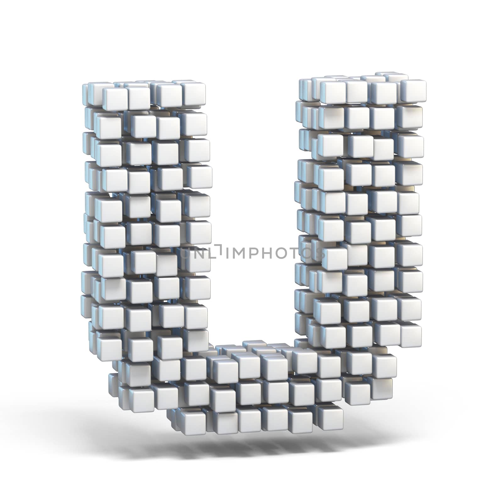 White voxel cubes font Letter U 3D render illustration isolated on white background