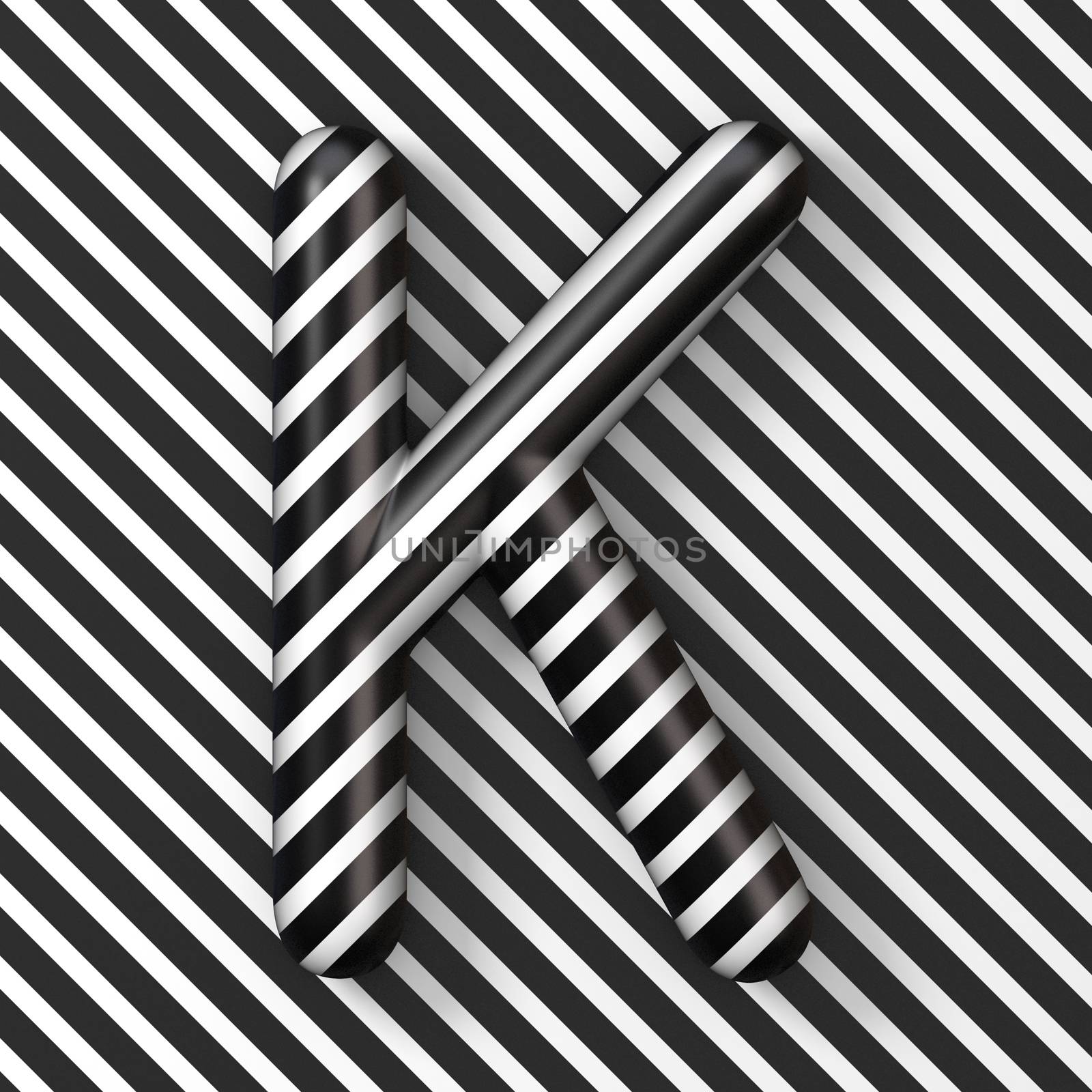 Black and white stripes Letter K 3D render illustration