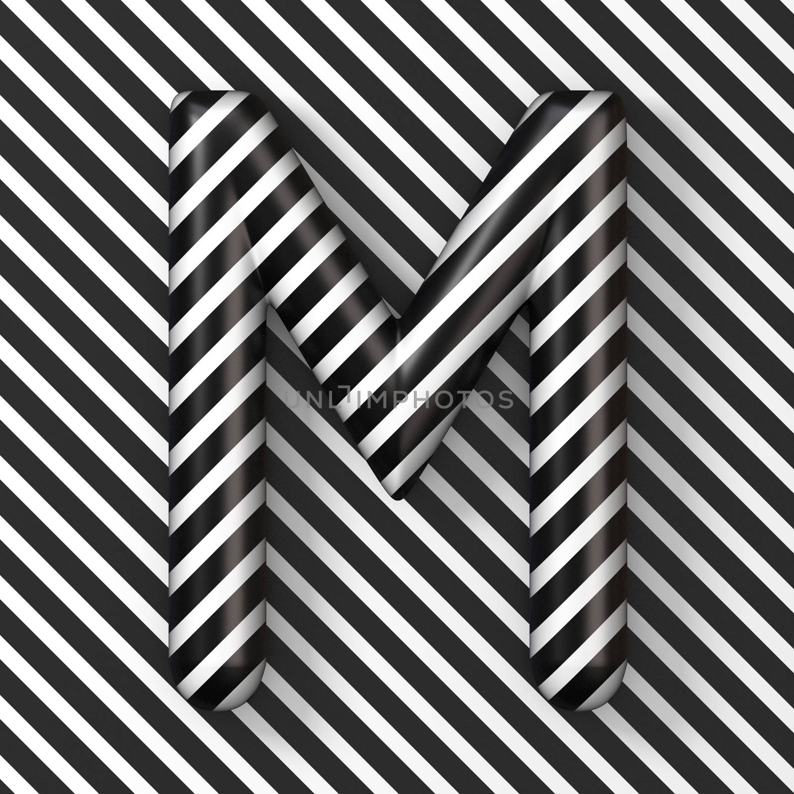 Black and white stripes Letter M 3D render illustration