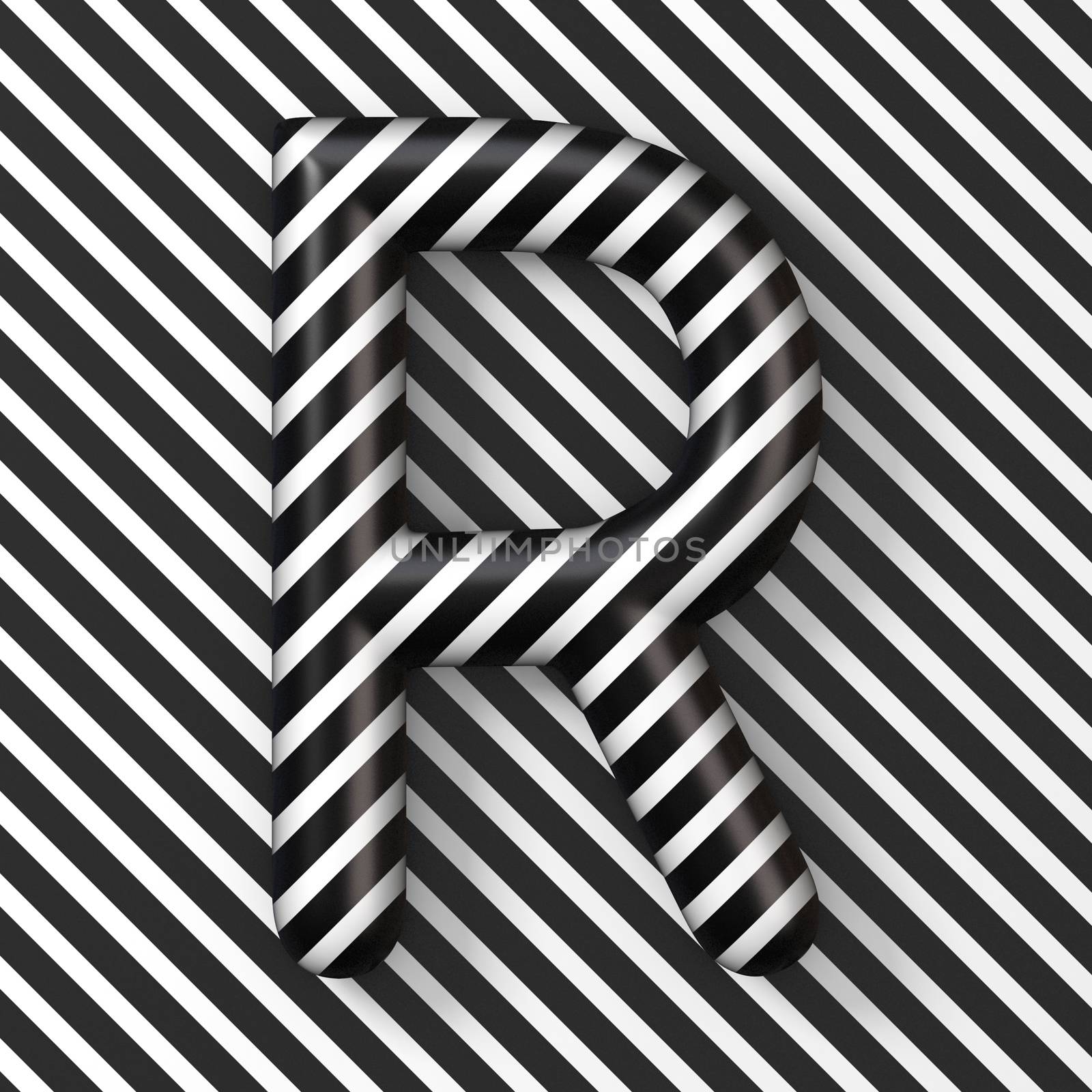 Black and white stripes Letter R 3D render illustration
