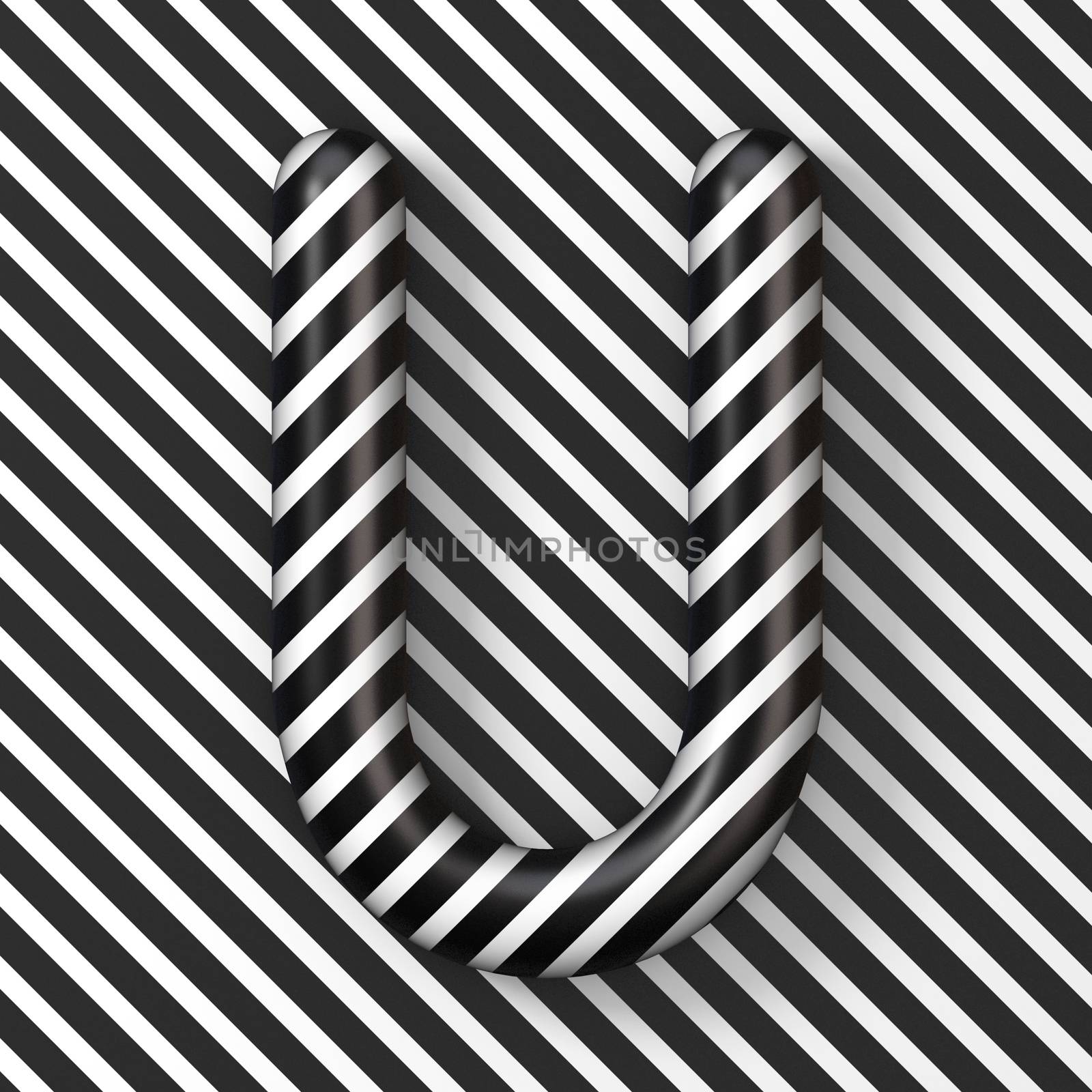 Black and white stripes Letter U 3D render illustration