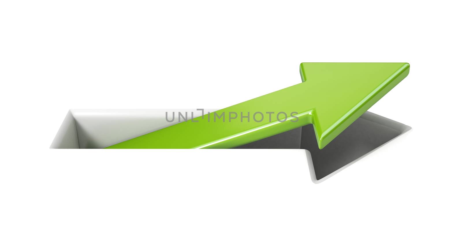 Green arrow appearing from hole 3D render illustration isolated on white background